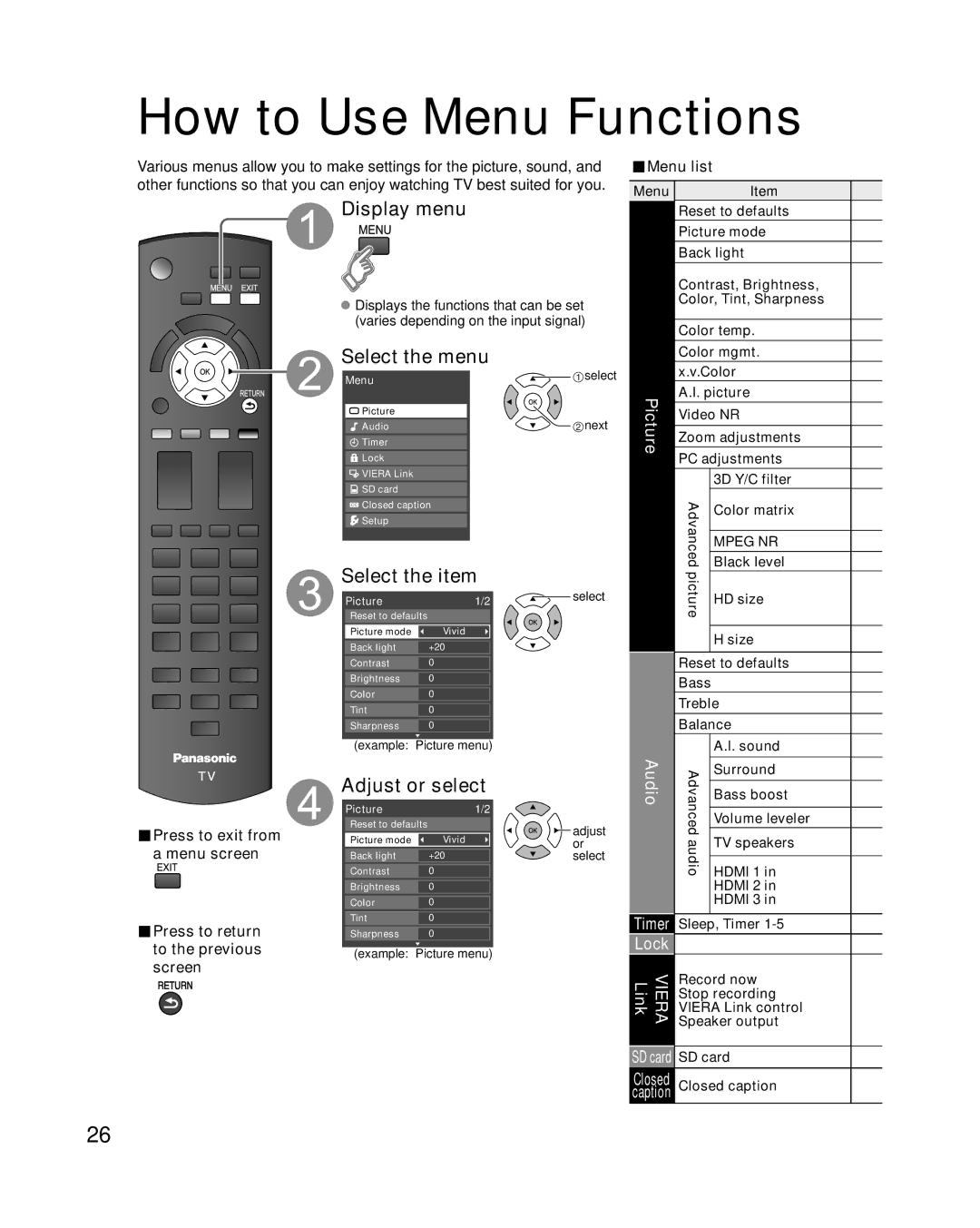 Panasonic TC-42U12 quick start How to Use Menu Functions, Display menu, Select the menu, Adjust or select 