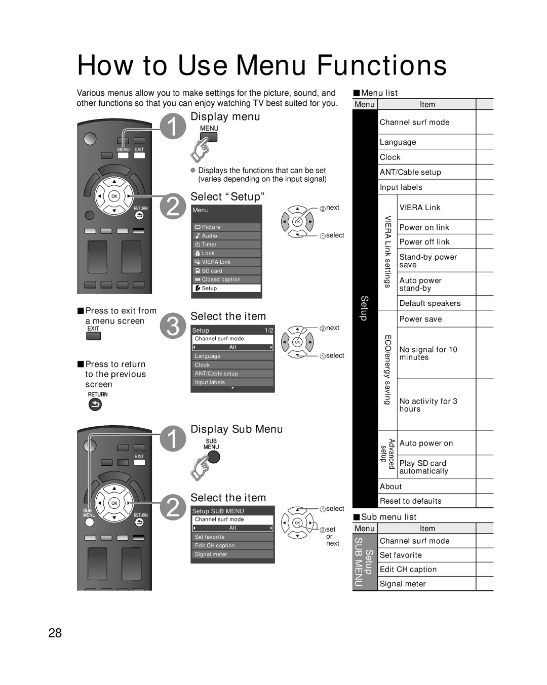 Panasonic TC-42U12 quick start Display Sub Menu, Sub menu list 