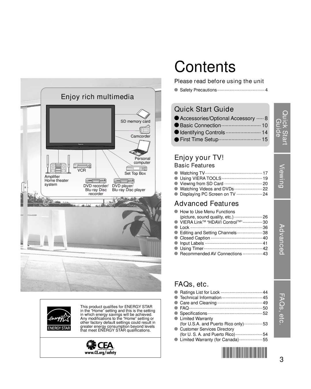 Panasonic TC-42U12 quick start Contents 