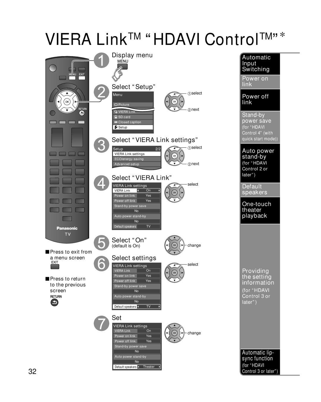 Panasonic TC-42U12 Select settings, Set, Automatic Input Switching Power on link Power off link, Auto power stand-by 