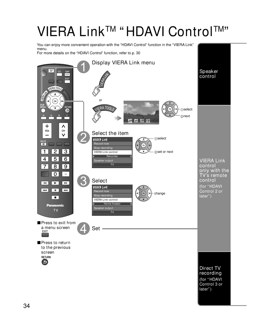 Panasonic TC-42U12 quick start Display Viera Link menu, Select, Direct TV recording, Press to exit from Menu screen 