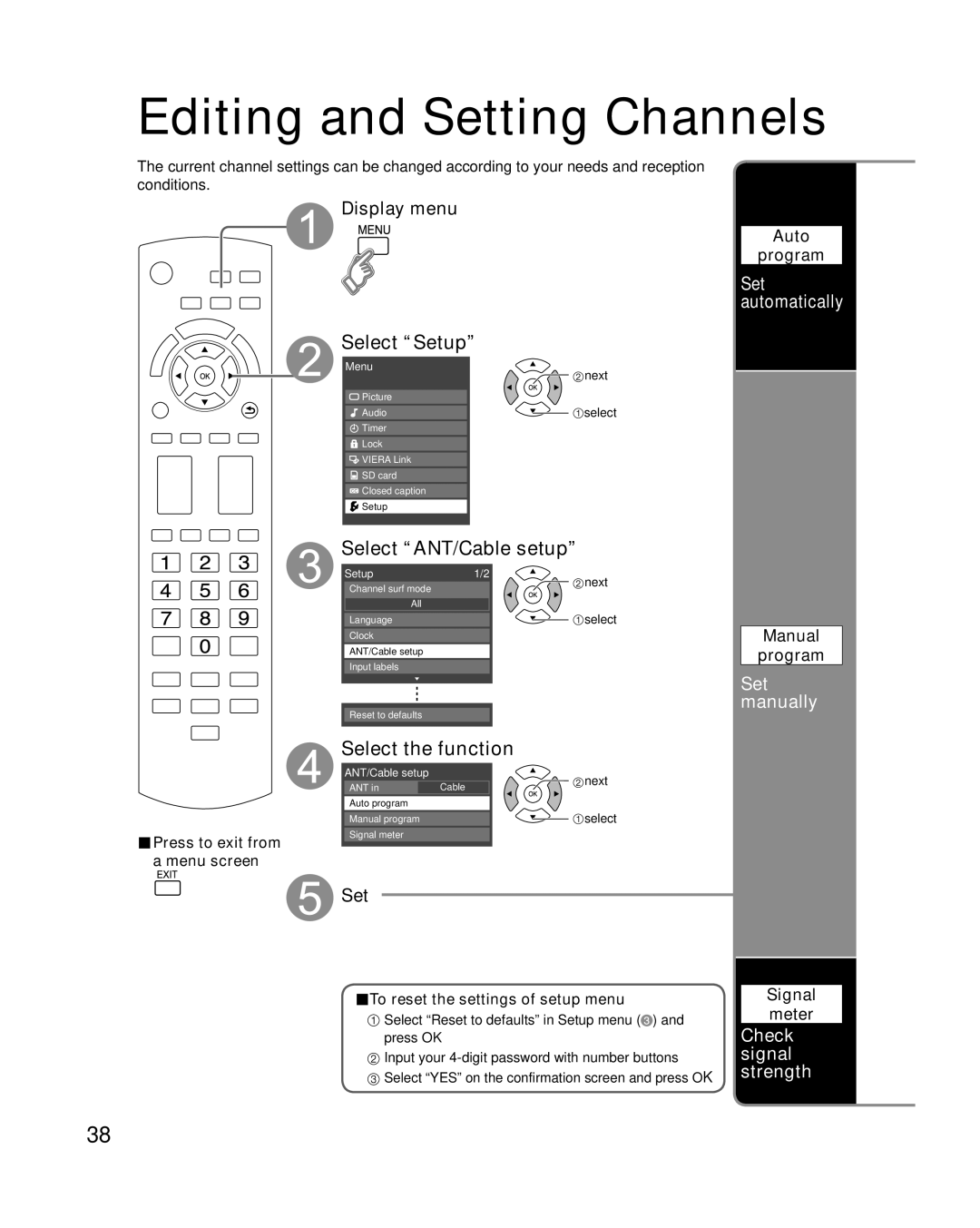 Panasonic TC-42U12 quick start Editing and Setting Channels, Select ANT/Cable setup, Set manually, Check signal strength 