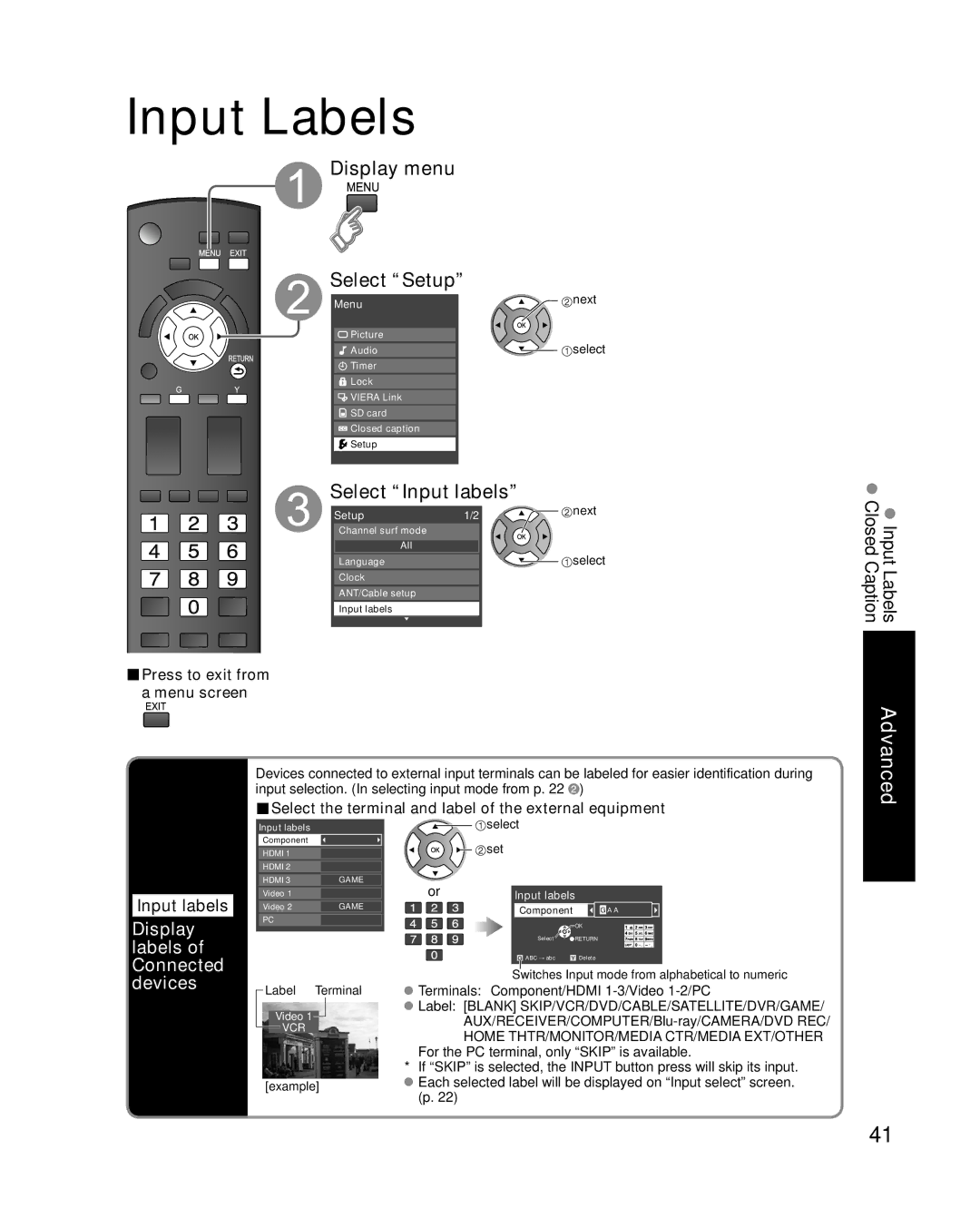 Panasonic TC-42U12 quick start Input Labels, Select Input labels, Devices, Display labels of Connected 