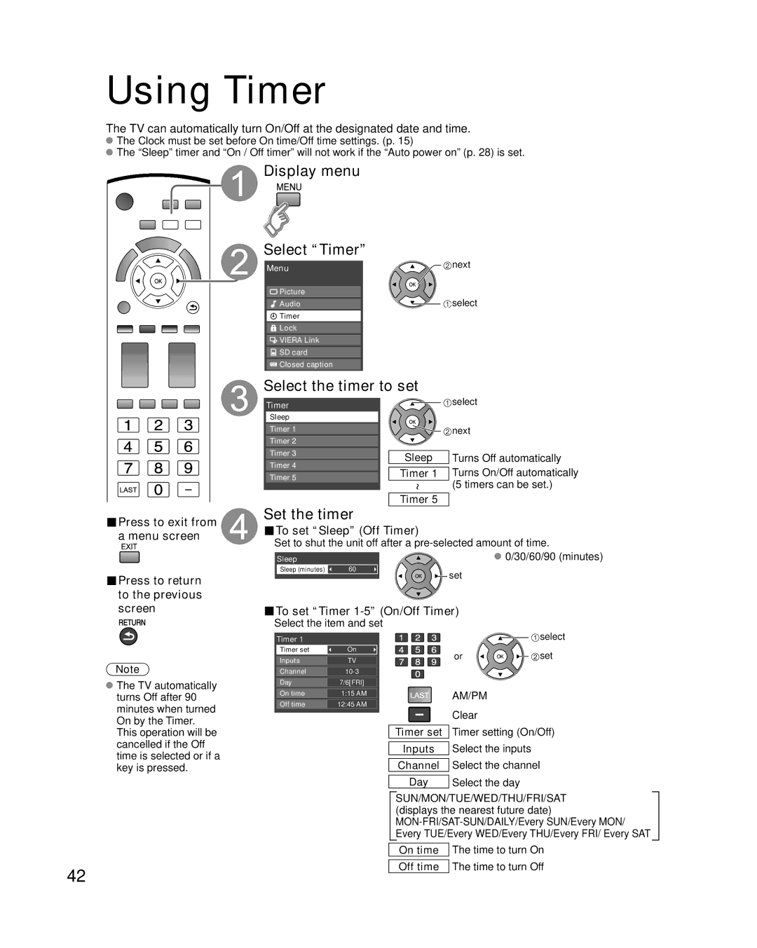 Panasonic TC-42U12 quick start Using Timer, Display menu Select Timer, Select the timer to set, Set the timer 