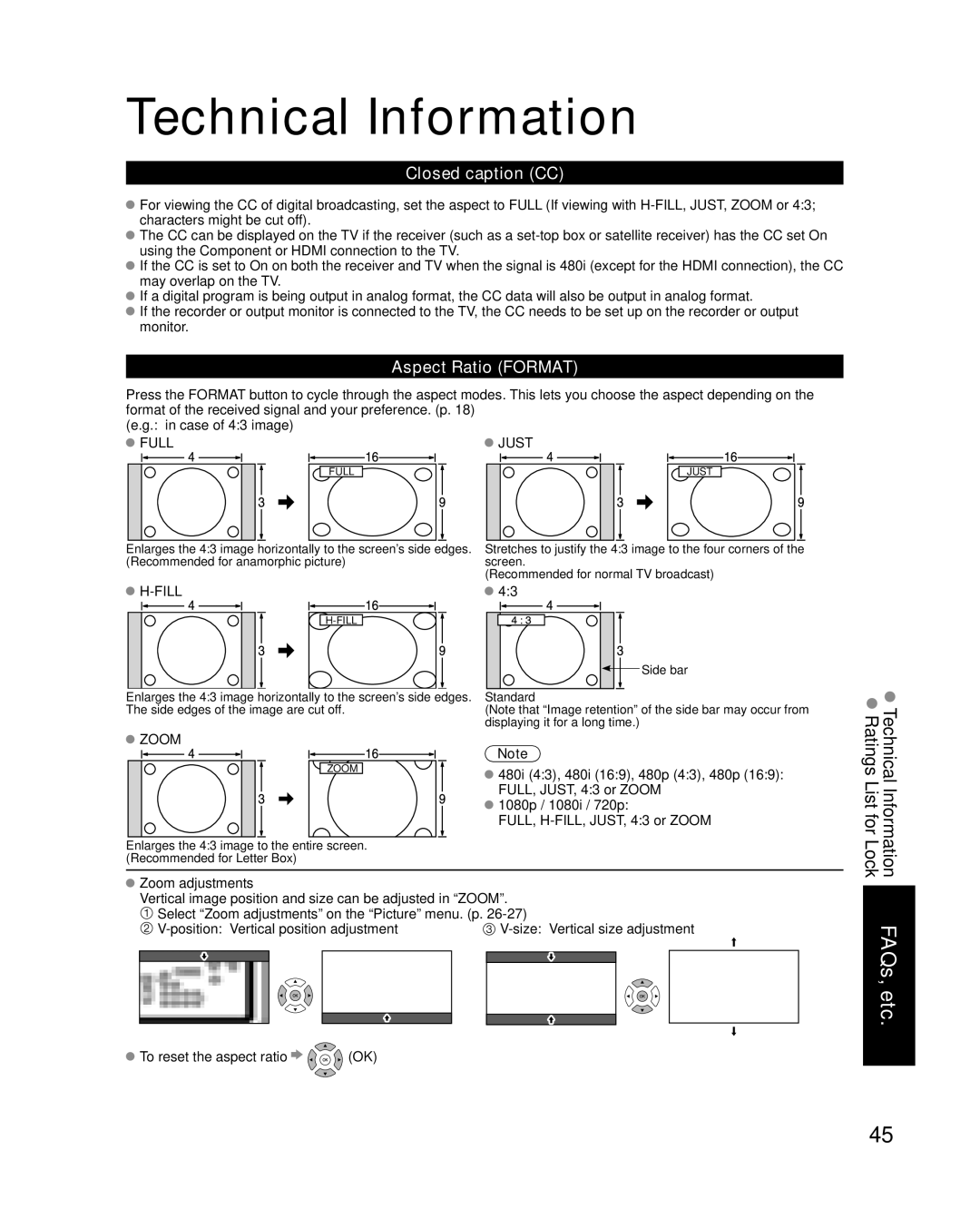 Panasonic TC-42U12 quick start Technical Information, Closed caption CC, Aspect Ratio Format 