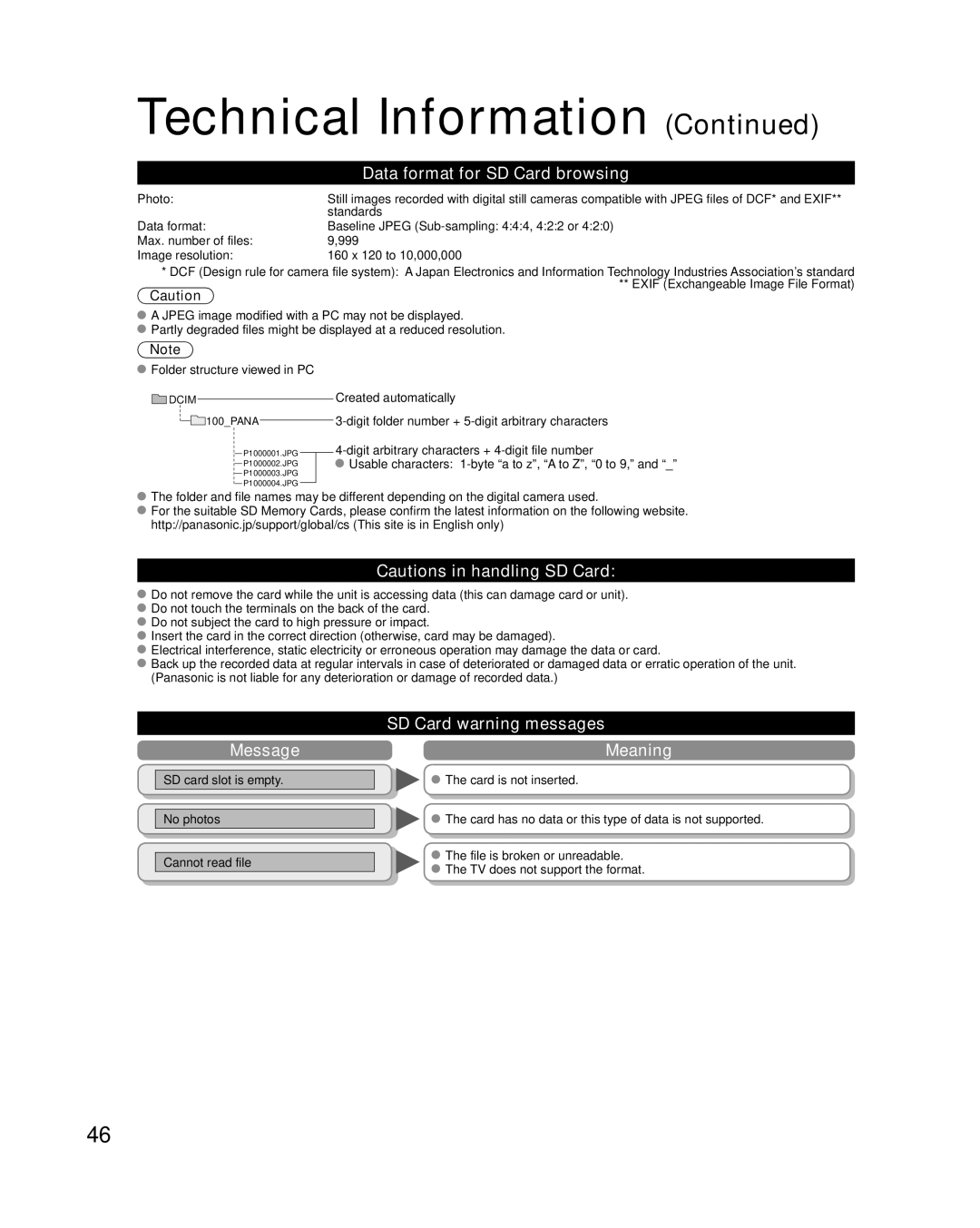 Panasonic TC-42U12 quick start Data format for SD Card browsing, Message, SD Card warning messages Meaning 