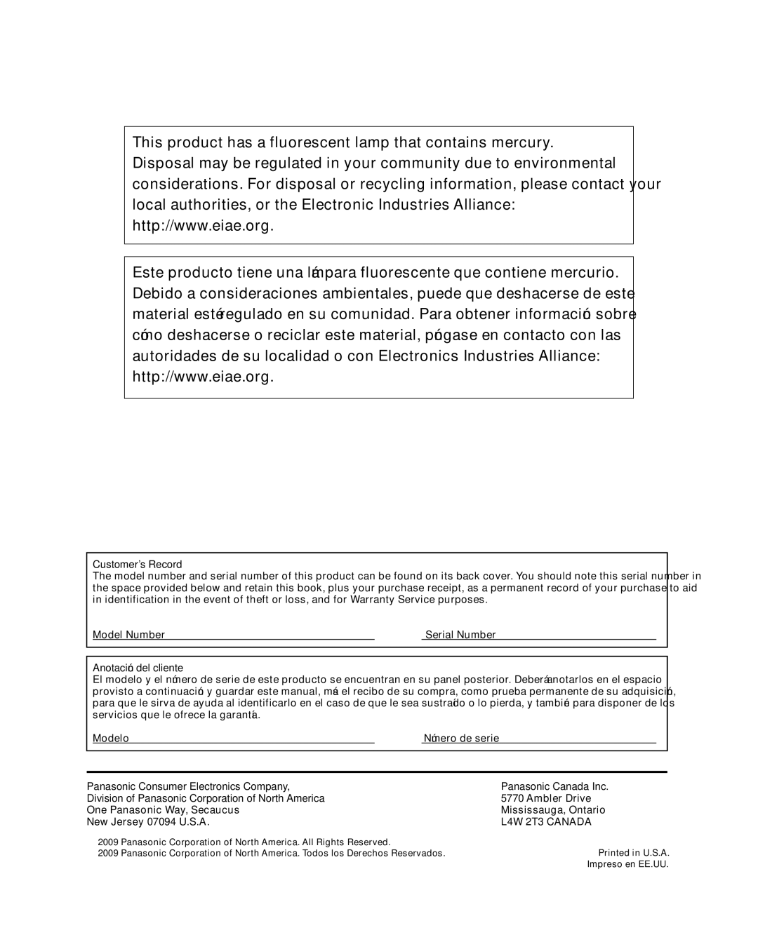 Panasonic TC-42U12 quick start Customer’s Record, Anotación del cliente 