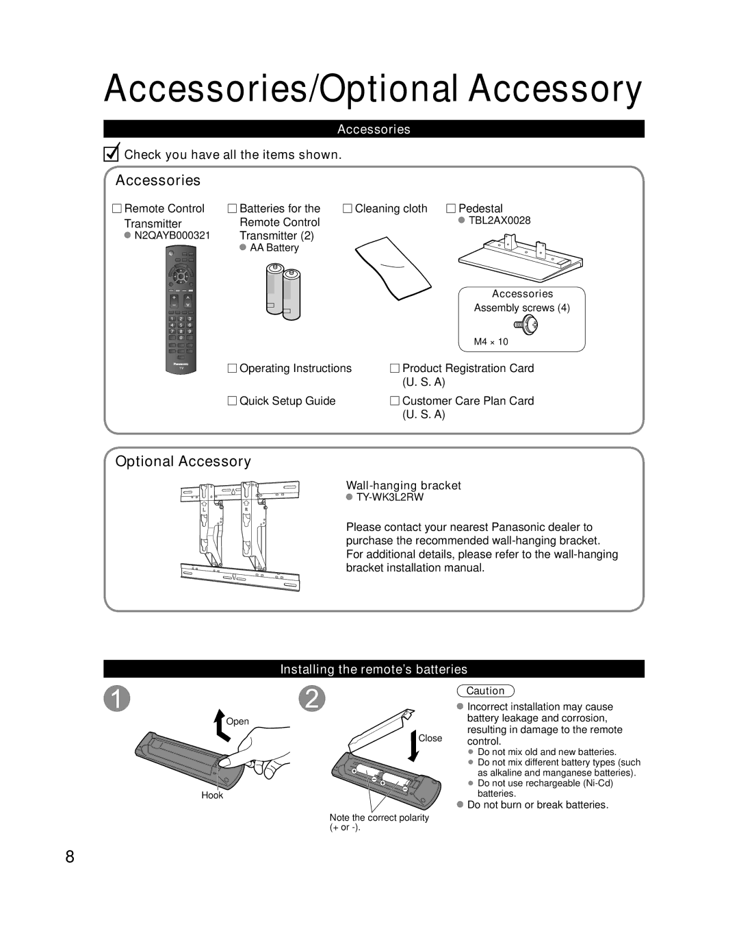 Panasonic TC-42U12 quick start Accessories/Optional Accessory, Installing the remote’s batteries 