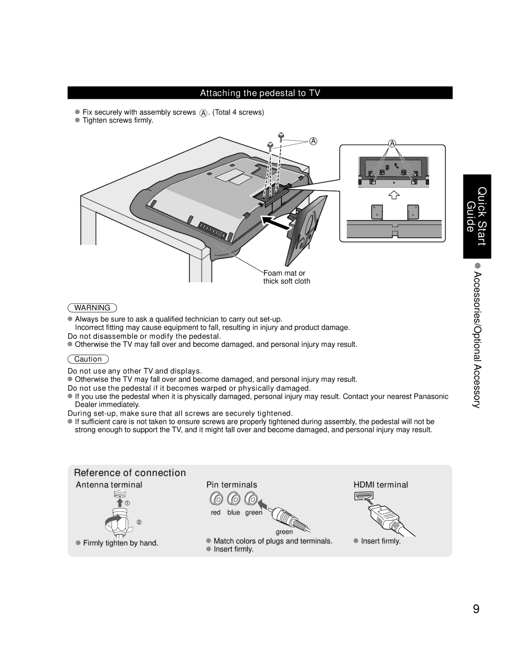 Panasonic TC-42U12 Attaching the pedestal to TV, Antenna terminal Pin terminals Hdmi terminal, Red blue green Green 