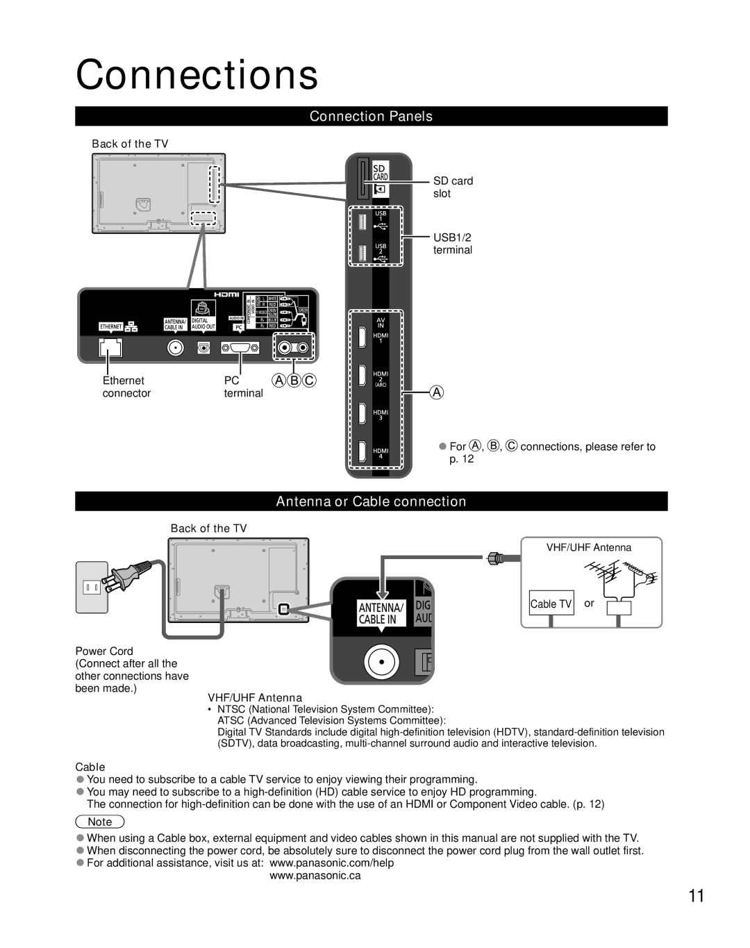 Panasonic TC-47LE54 owner manual Connections, Connection Panels, Antenna or Cable connection, VHF/UHF Antenna 