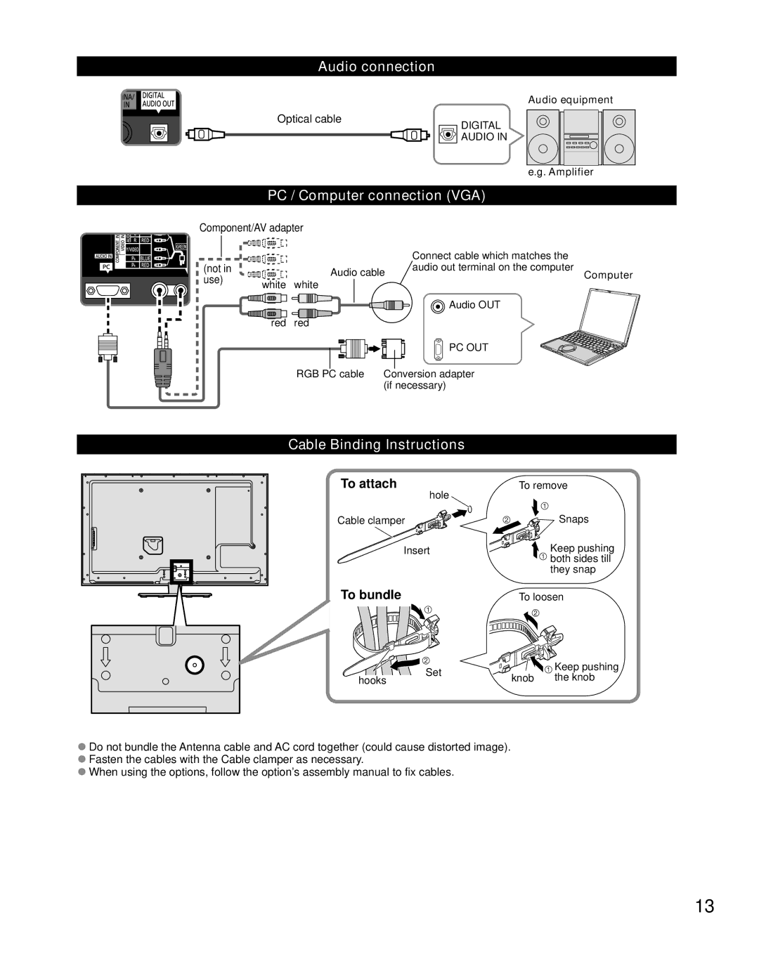 Panasonic TC-47LE54 Audio connection, PC / Computer connection VGA, Cable Binding Instructions, To attach, To bundle 