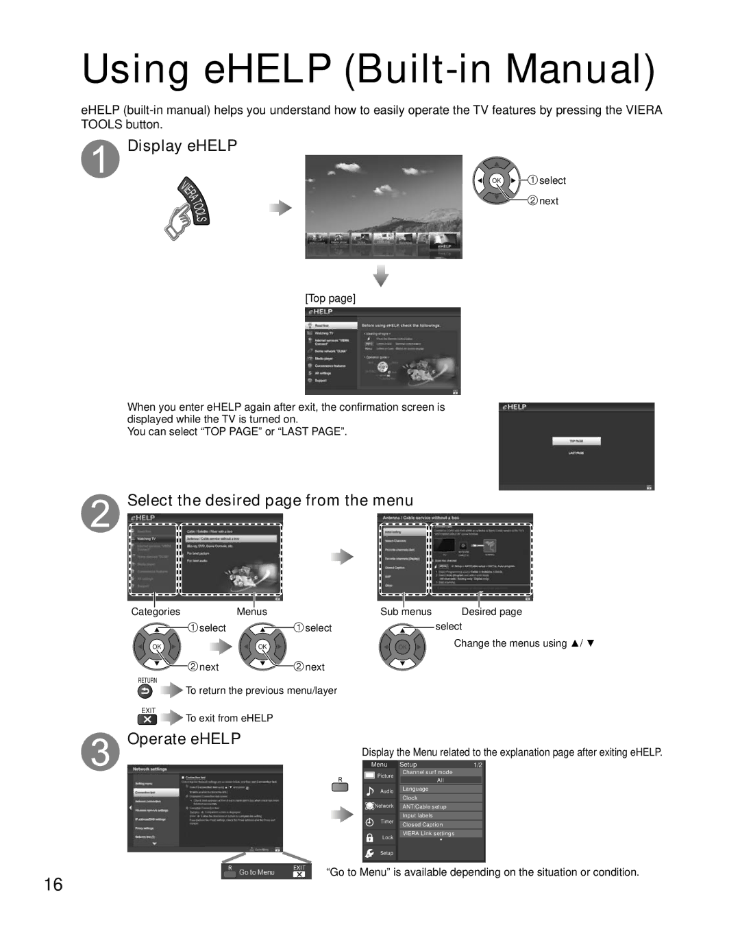 Panasonic TC-47LE54 owner manual Using eHELP Built-in Manual, Display eHELP 