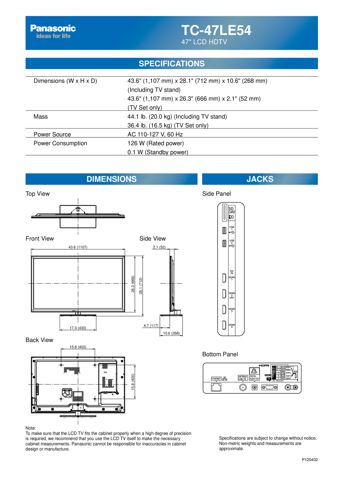 Panasonic TC-47LE54 owner manual 