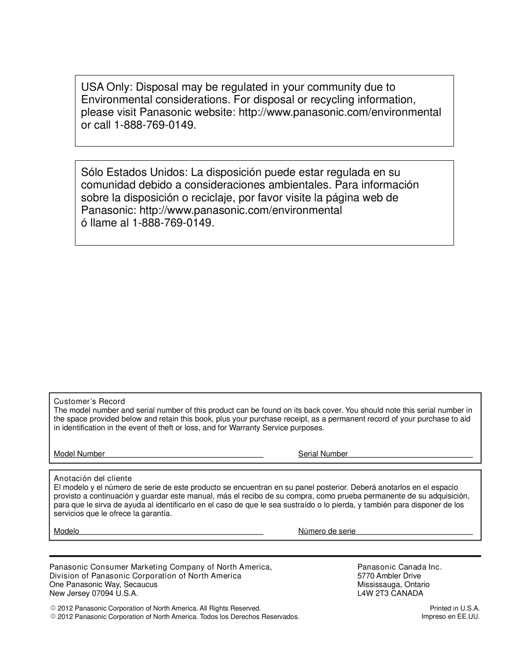 Panasonic TC-47LE54 owner manual Customer’s Record, Anotación del cliente, Ambler Drive 