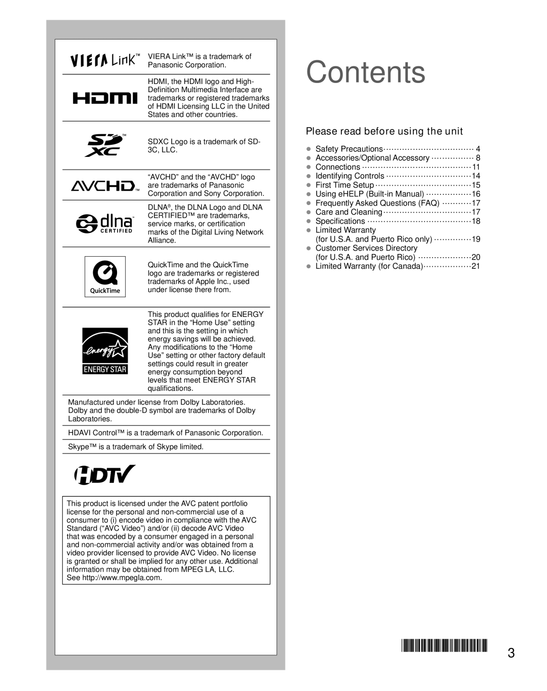 Panasonic TC-47LE54 owner manual Contents 