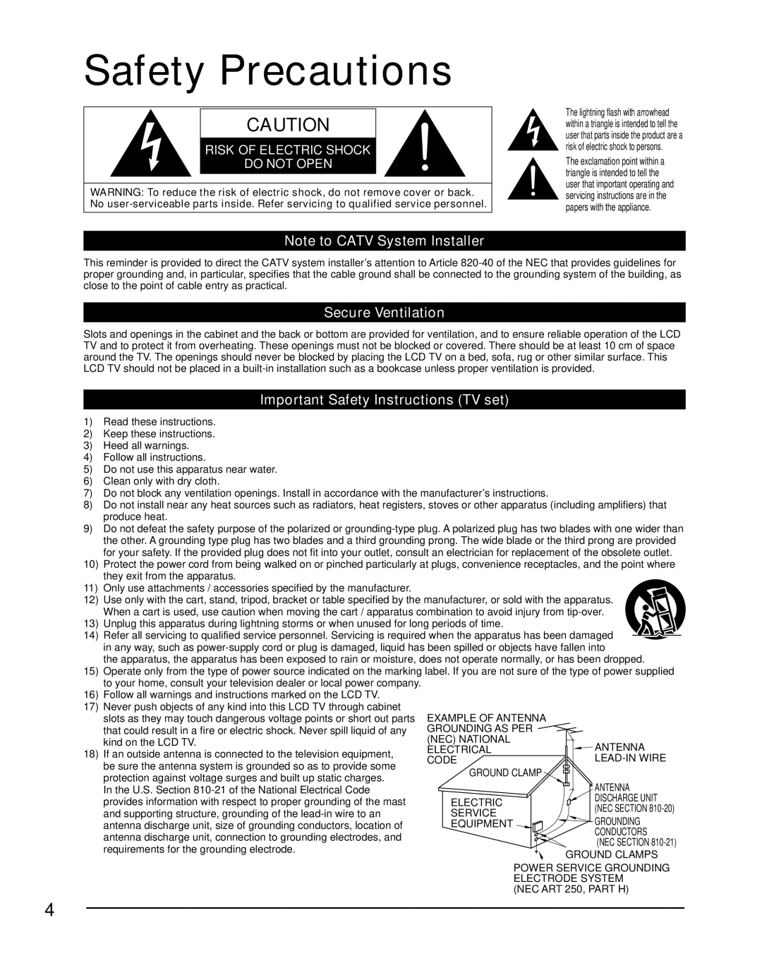 Panasonic TC-47LE54 owner manual Safety Precautions, Secure Ventilation, Important Safety Instructions TV set 