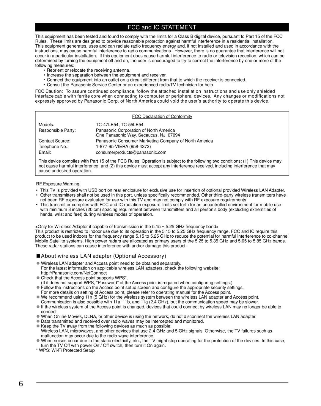 Panasonic TC-47LE54 owner manual FCC and IC Statement, About wireless LAN adapter Optional Accessory 