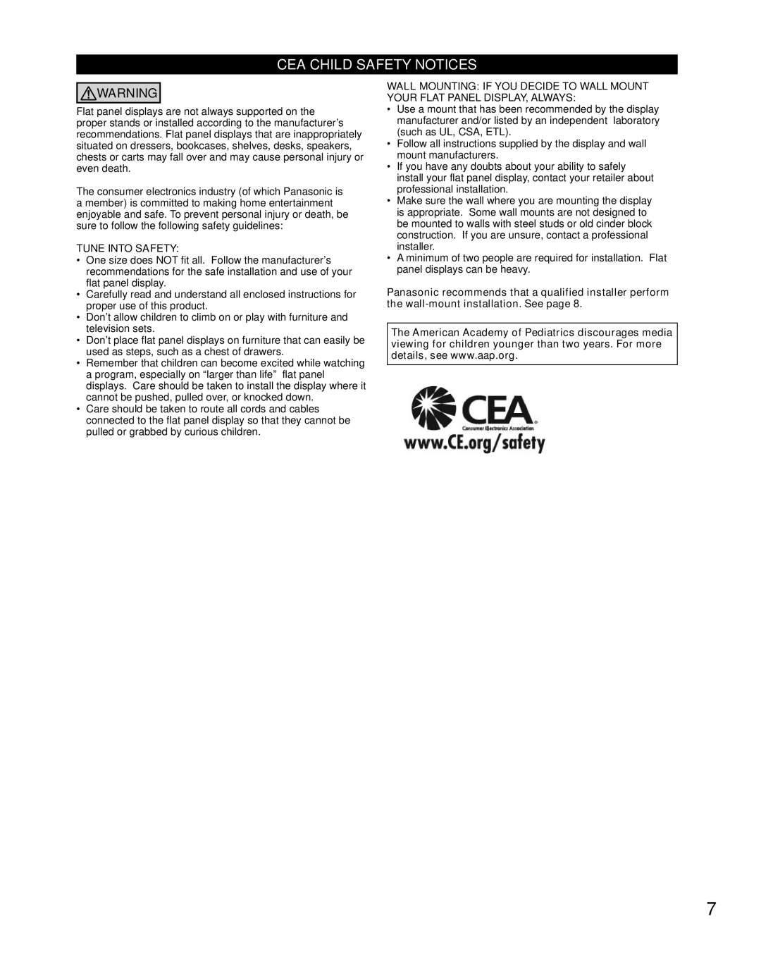 Panasonic TC-47LE54 owner manual CEA Child Safety Notices 