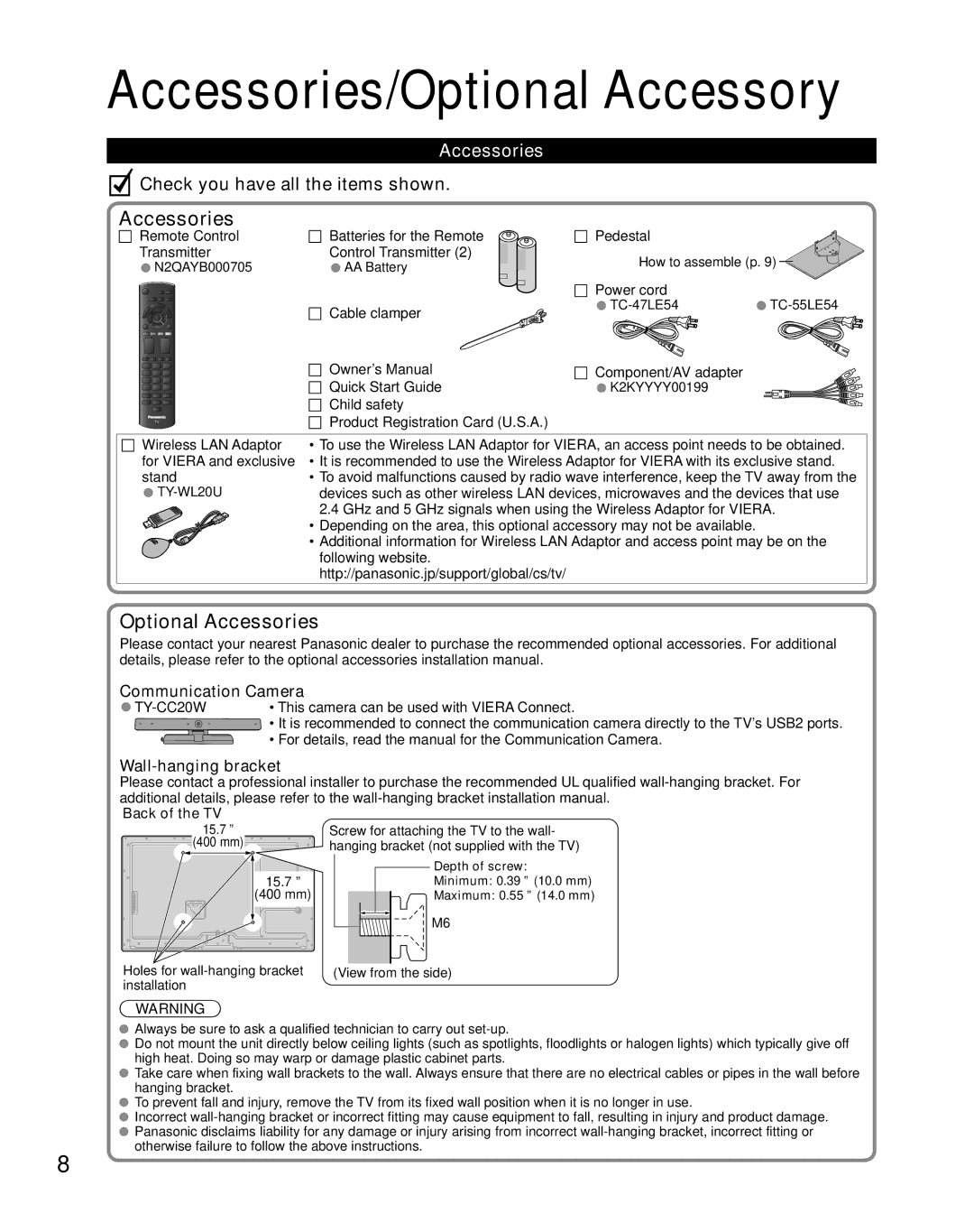 Panasonic TC-47LE54 owner manual Accessories/Optional Accessory, Communication Camera, Wall-hanging bracket, Back of the TV 