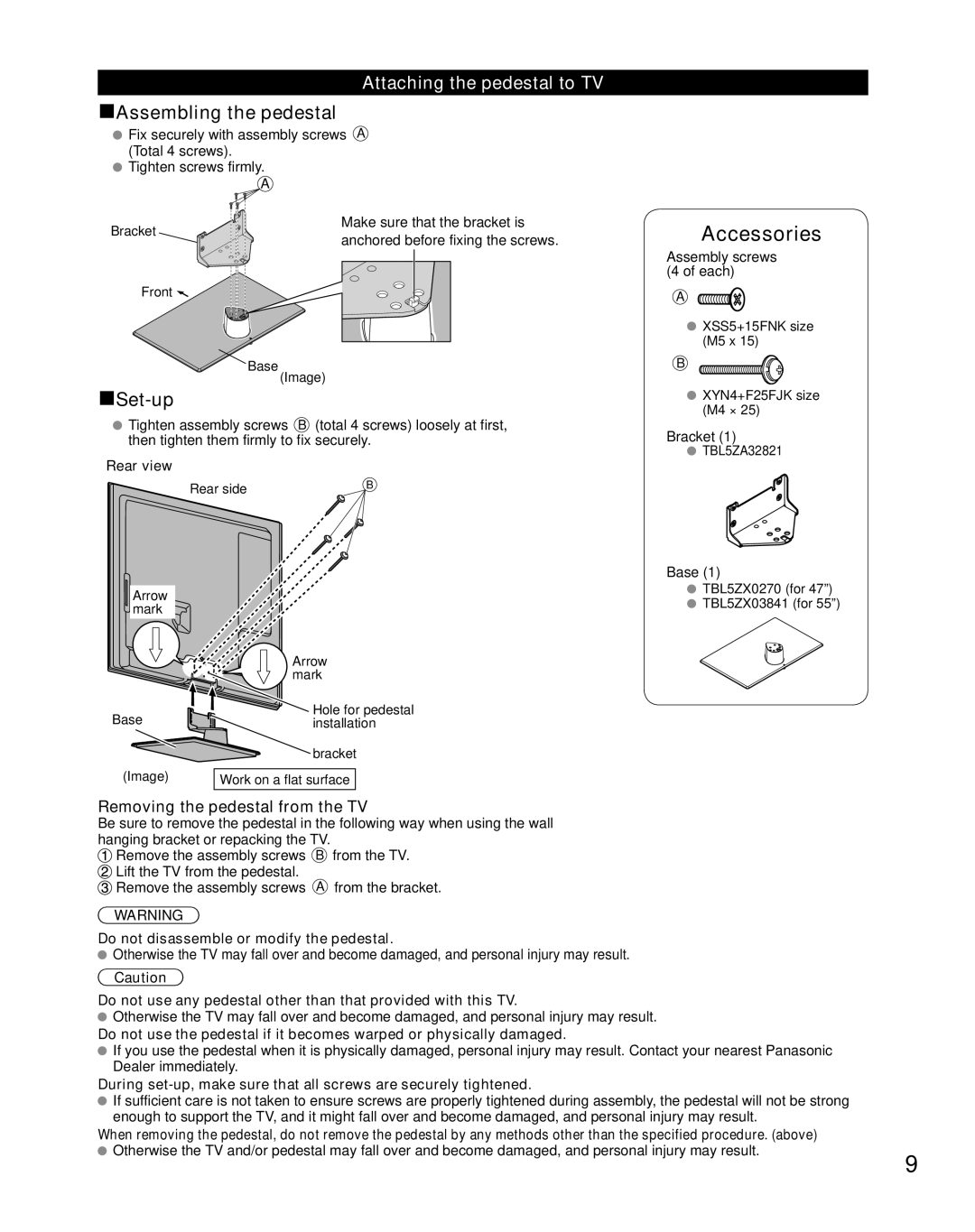 Panasonic TC-47LE54 owner manual Attaching the pedestal to TV, Removing the pedestal from the TV, Rear view 