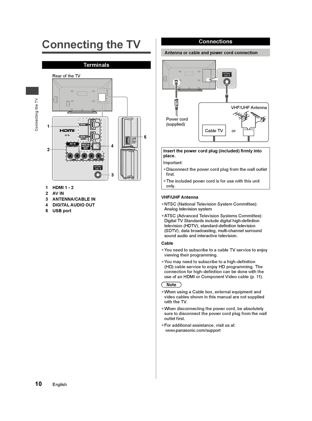 Panasonic TC-50A400U owner manual Connecting the TV, Terminals, Connections, ANTENNA/CABLE Digital Audio OUT 