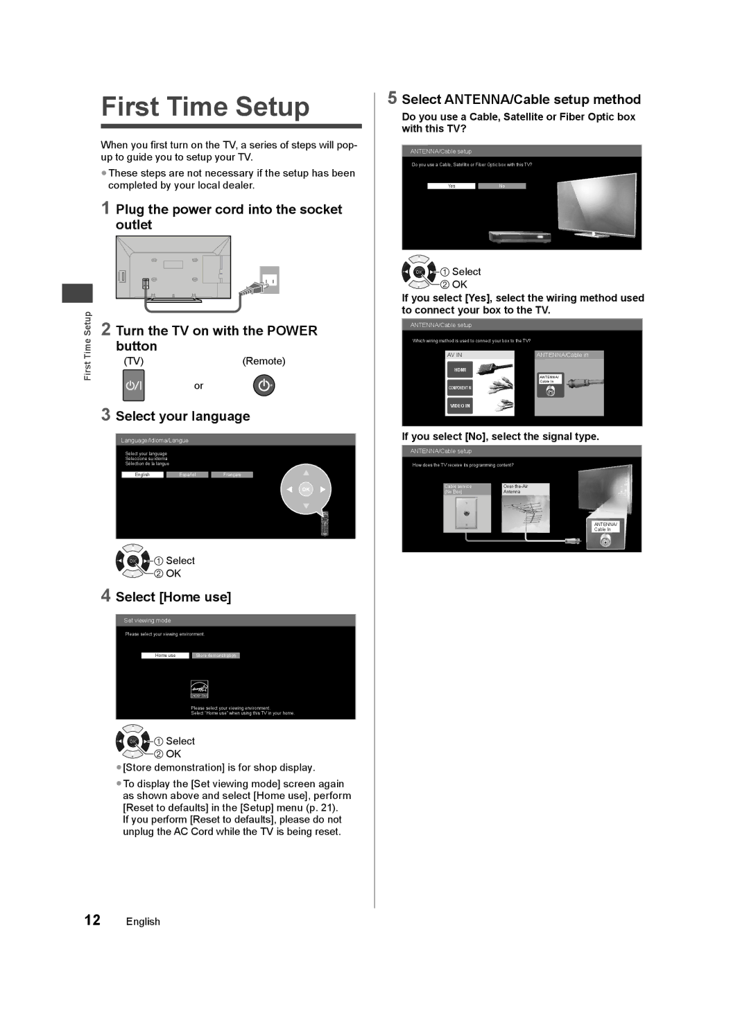 Panasonic TC-50A400U owner manual First Time Setup 