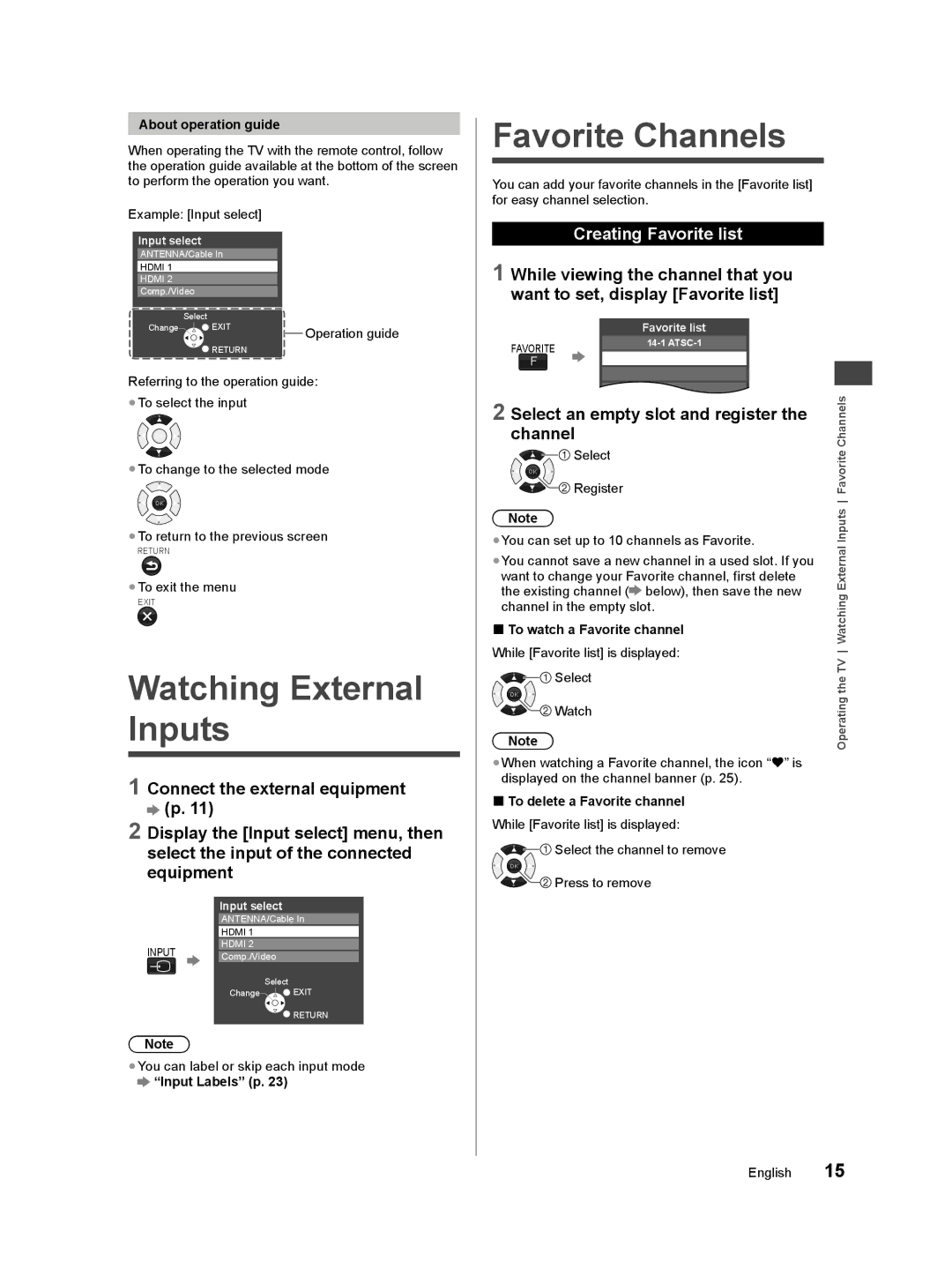 Panasonic TC-50A400U owner manual Watching External Inputs, Favorite Channels, Creating Favorite list 