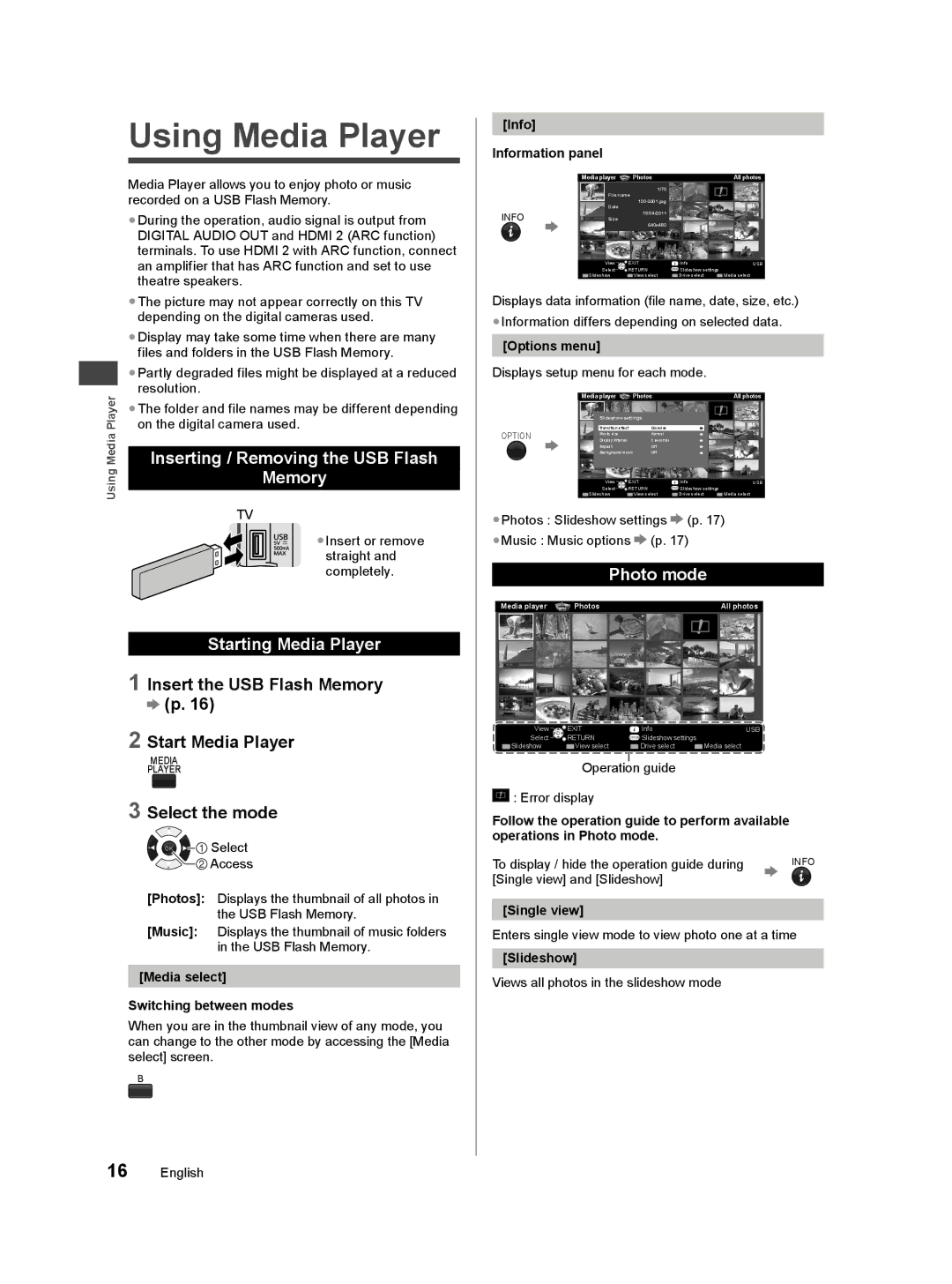 Panasonic TC-50A400U Using Media Player, Inserting / Removing the USB Flash, Memory, Starting Media Player, Photo mode 