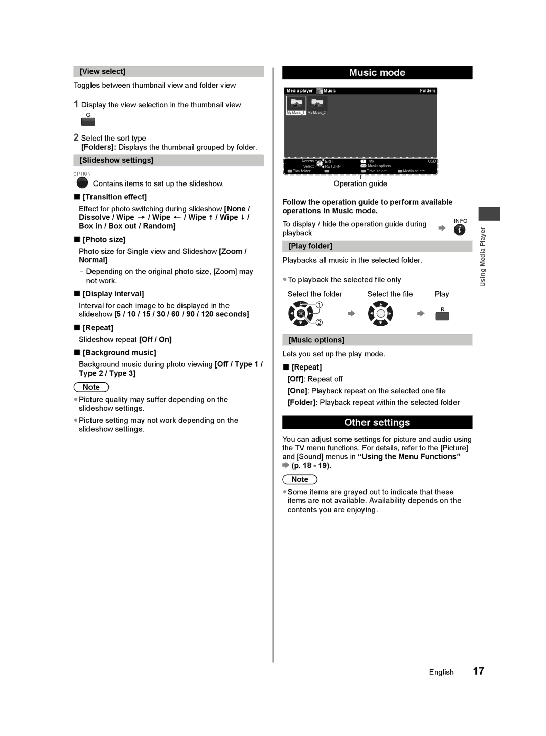 Panasonic TC-50A400U owner manual Music mode, Other settings 