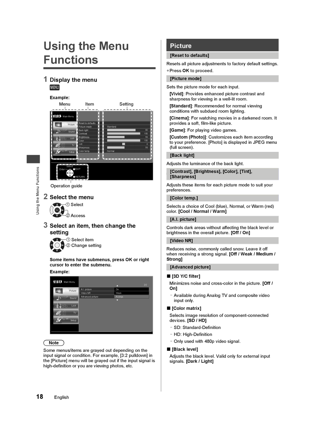 Panasonic TC-50A400U Using the Menu Functions, Display the menu, Select the menu, Select an item, then change the setting 