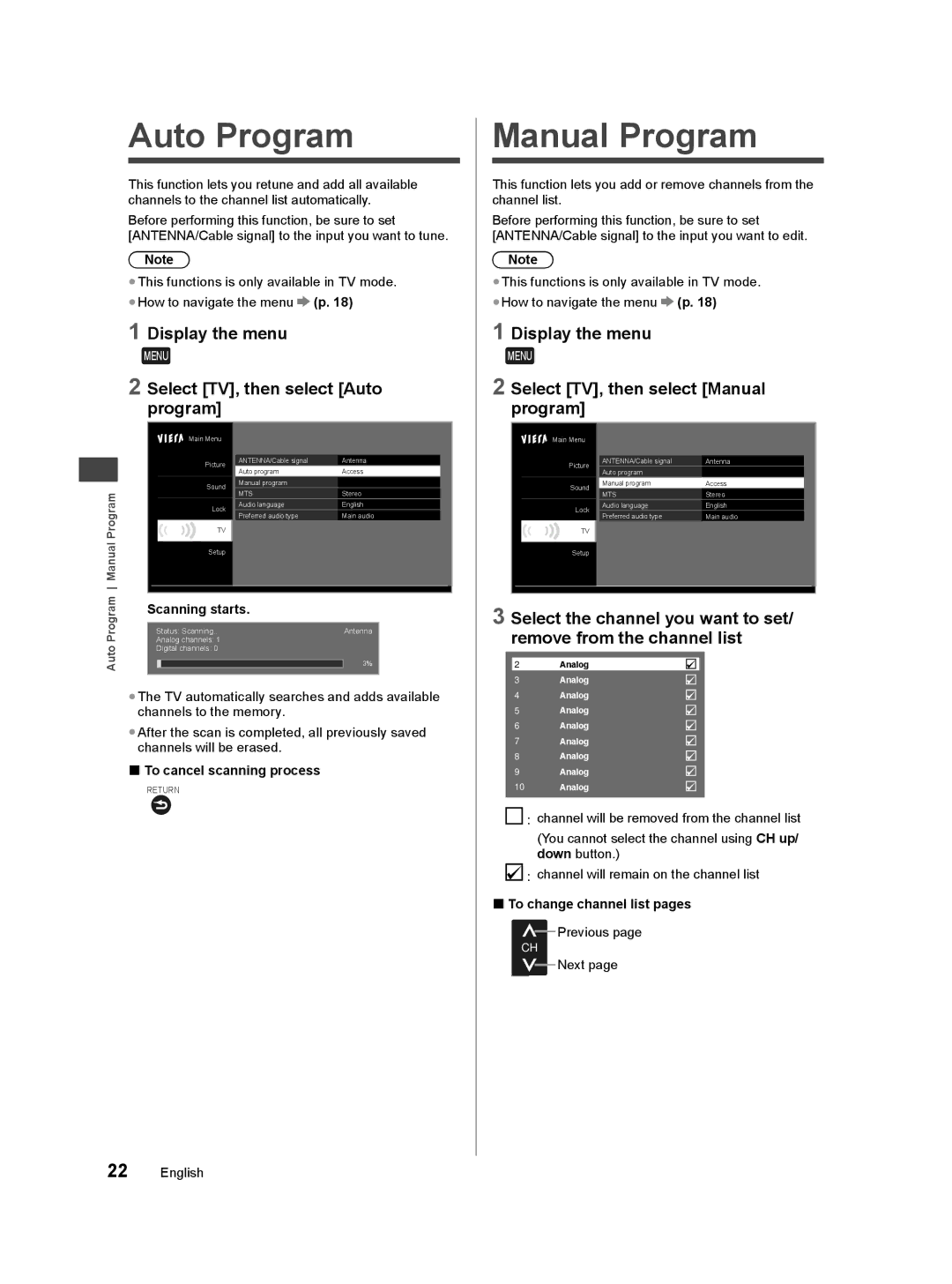 Panasonic TC-50A400U Auto Program, Manual Program, Select TV, then select Auto program, To cancel scanning process 