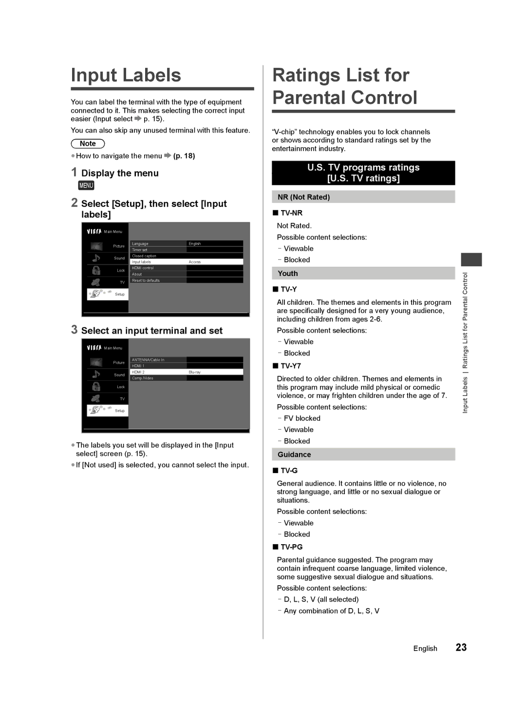 Panasonic TC-50A400U owner manual Input Labels, Ratings List for Parental Control, Select Setup, then select Input labels 