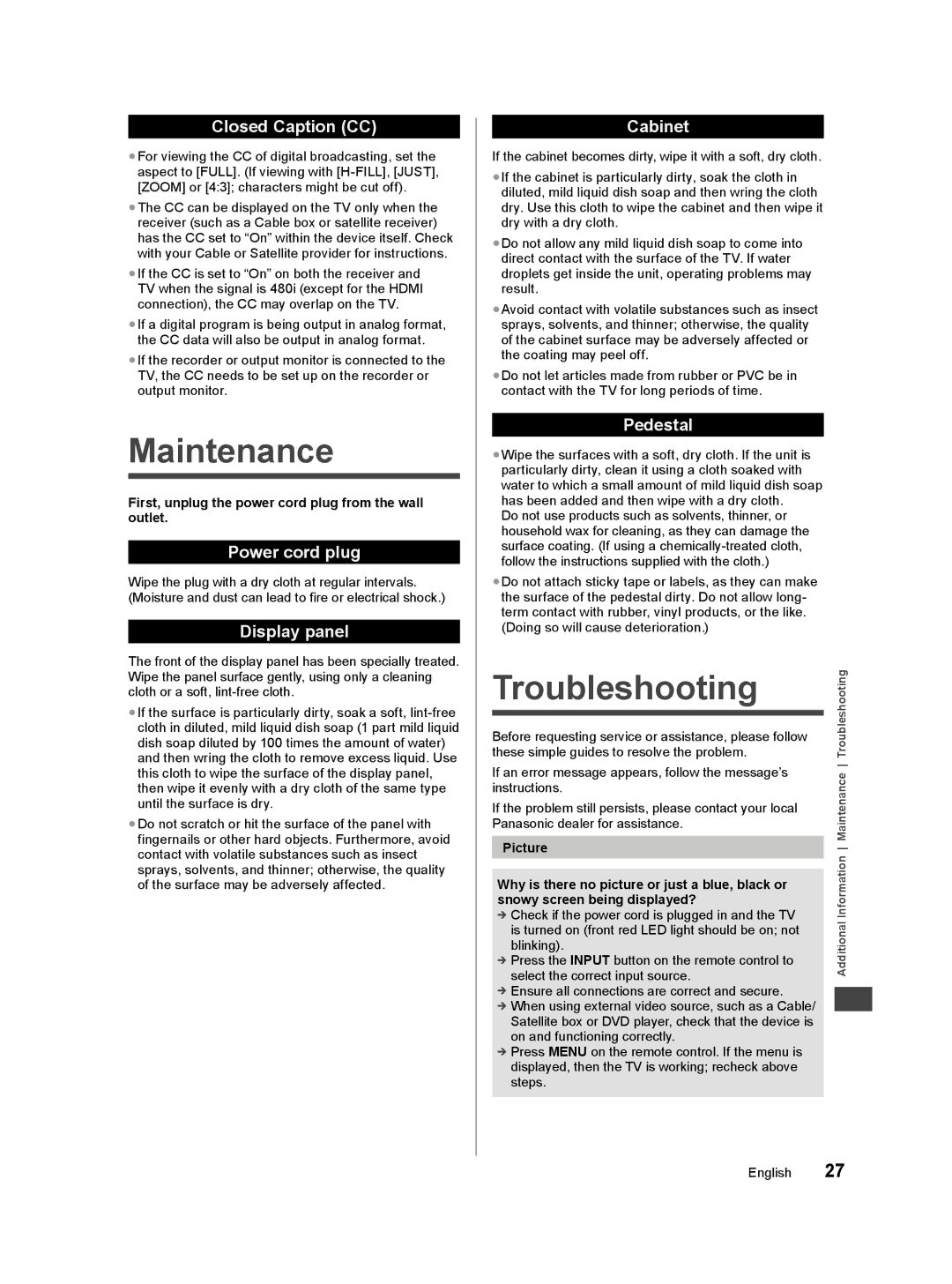 Panasonic TC-50A400U owner manual Maintenance, Troubleshooting 