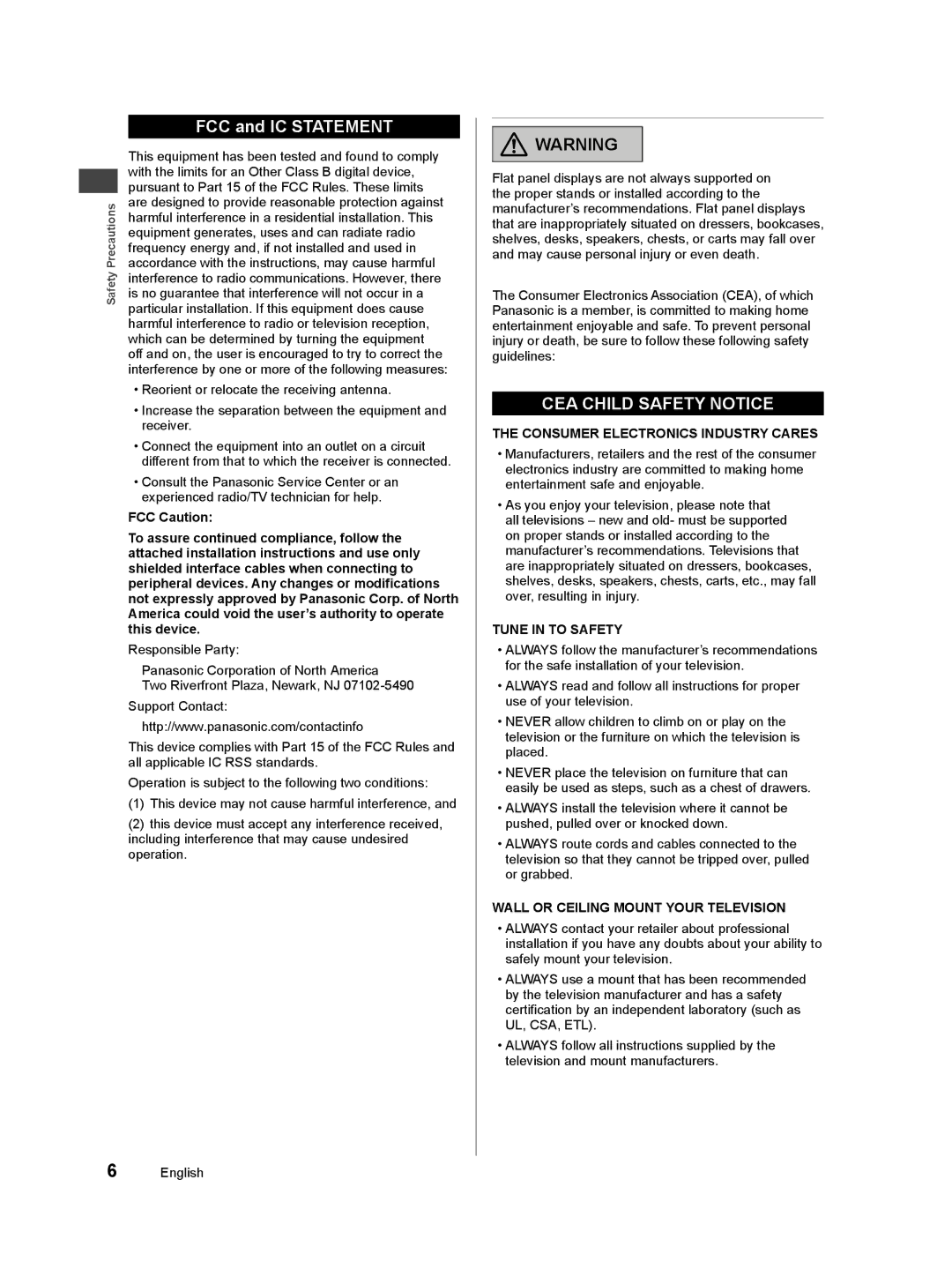 Panasonic TC-50A400U owner manual FCC and IC Statement, Consumer Electronics Industry Cares, Tune in to Safety 