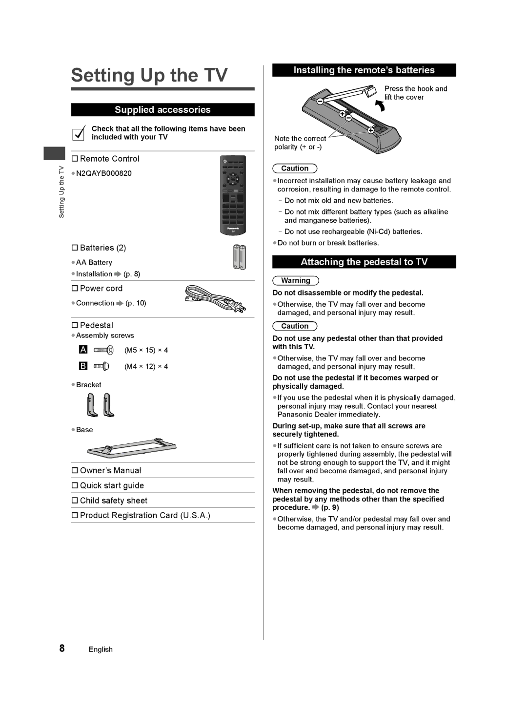 Panasonic TC-50A400U owner manual Setting Up the TV, Supplied accessories, Installing the remote’s batteries 