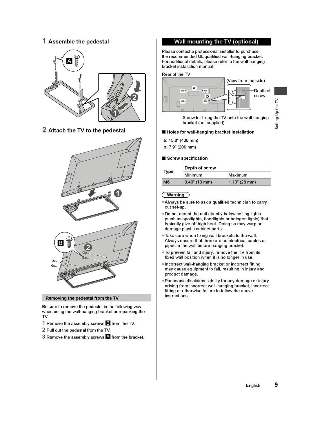 Panasonic TC-50A400U owner manual Assemble the pedestal, Wall mounting the TV optional, Attach the TV to the pedestal 