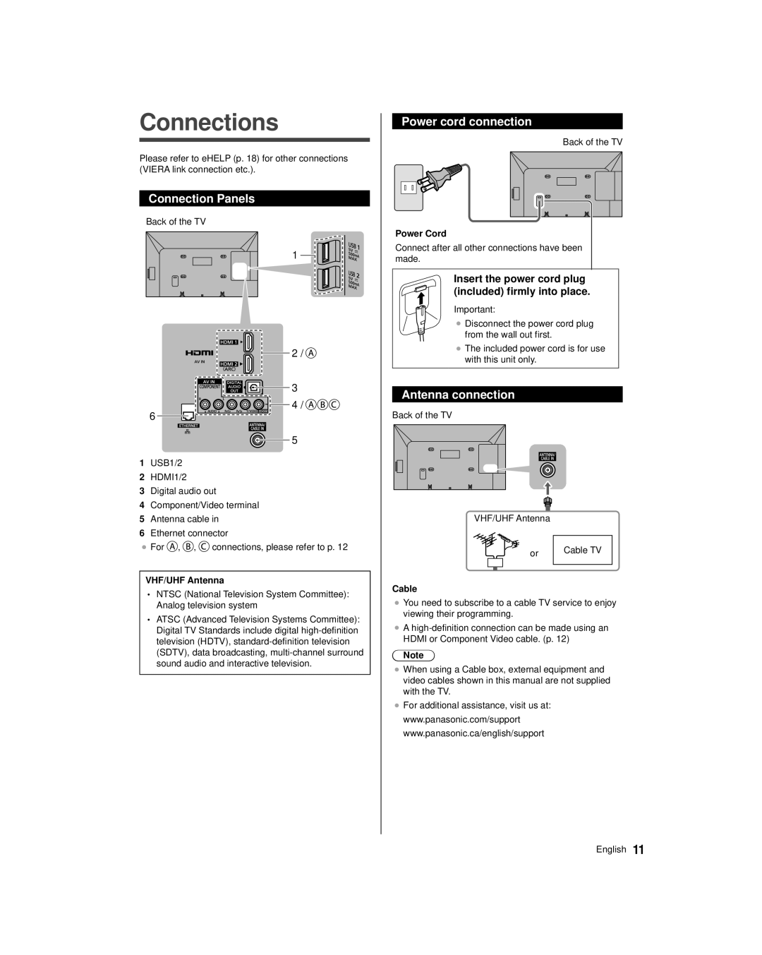 Panasonic TC-39AS530U, TC-50AS530U owner manual Connections, Connection Panels, Power cord connection, Antenna connection 