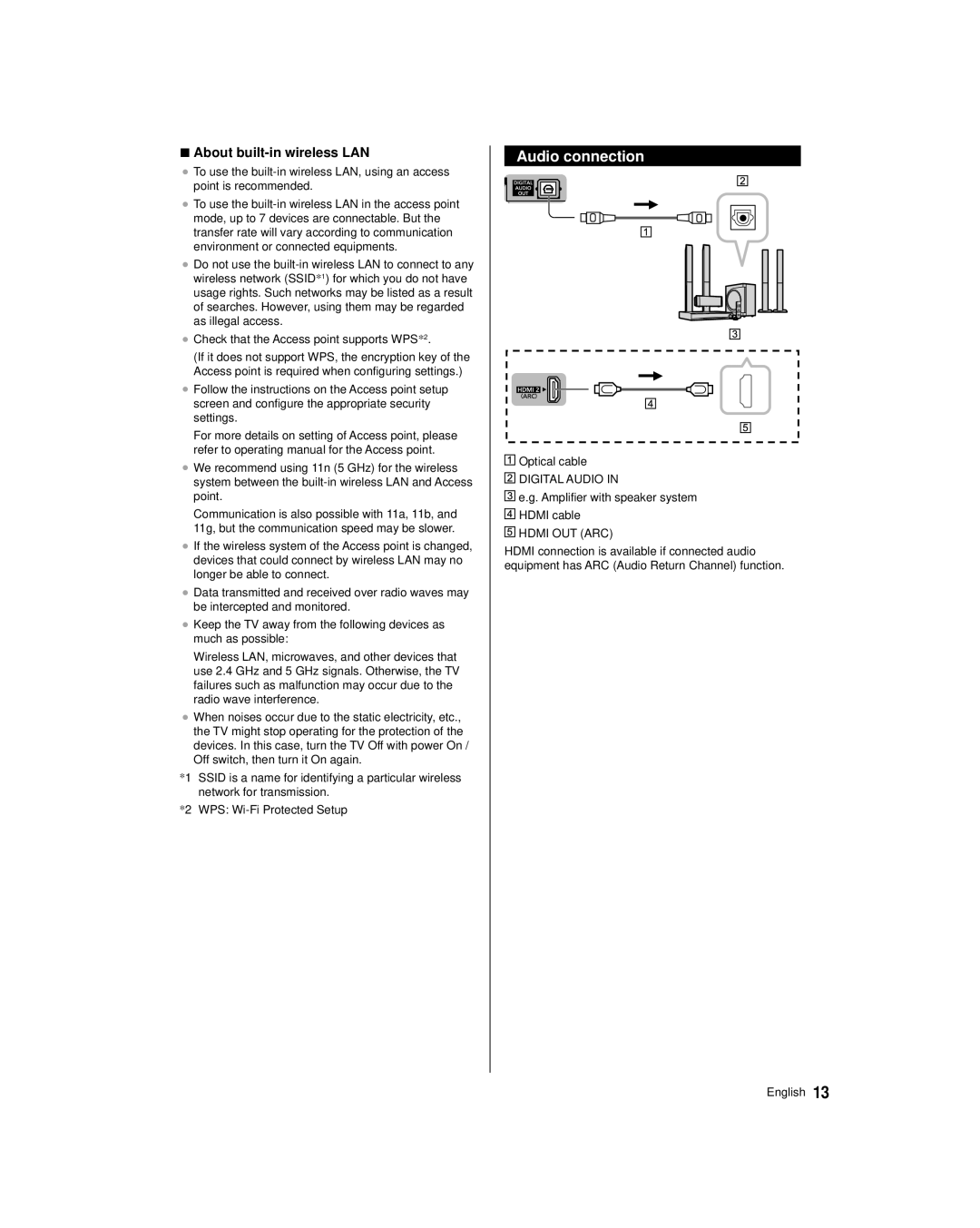 Panasonic TC-39AS530U, TC-50AS530U owner manual Audio connection, About built-in wireless LAN 