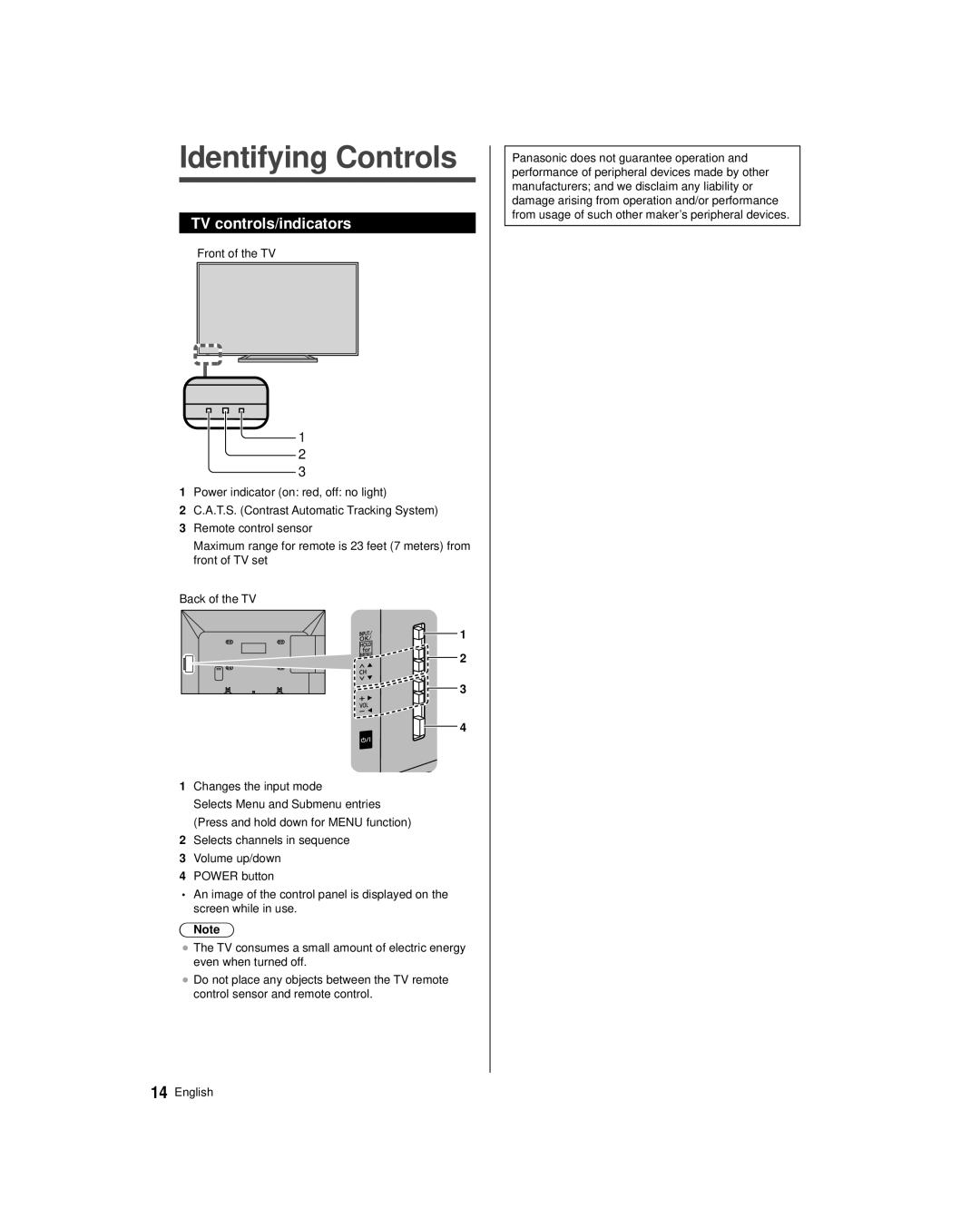 Panasonic TC-50AS530U, TC-39AS530U owner manual Identifying Controls, TV controls/indicators 