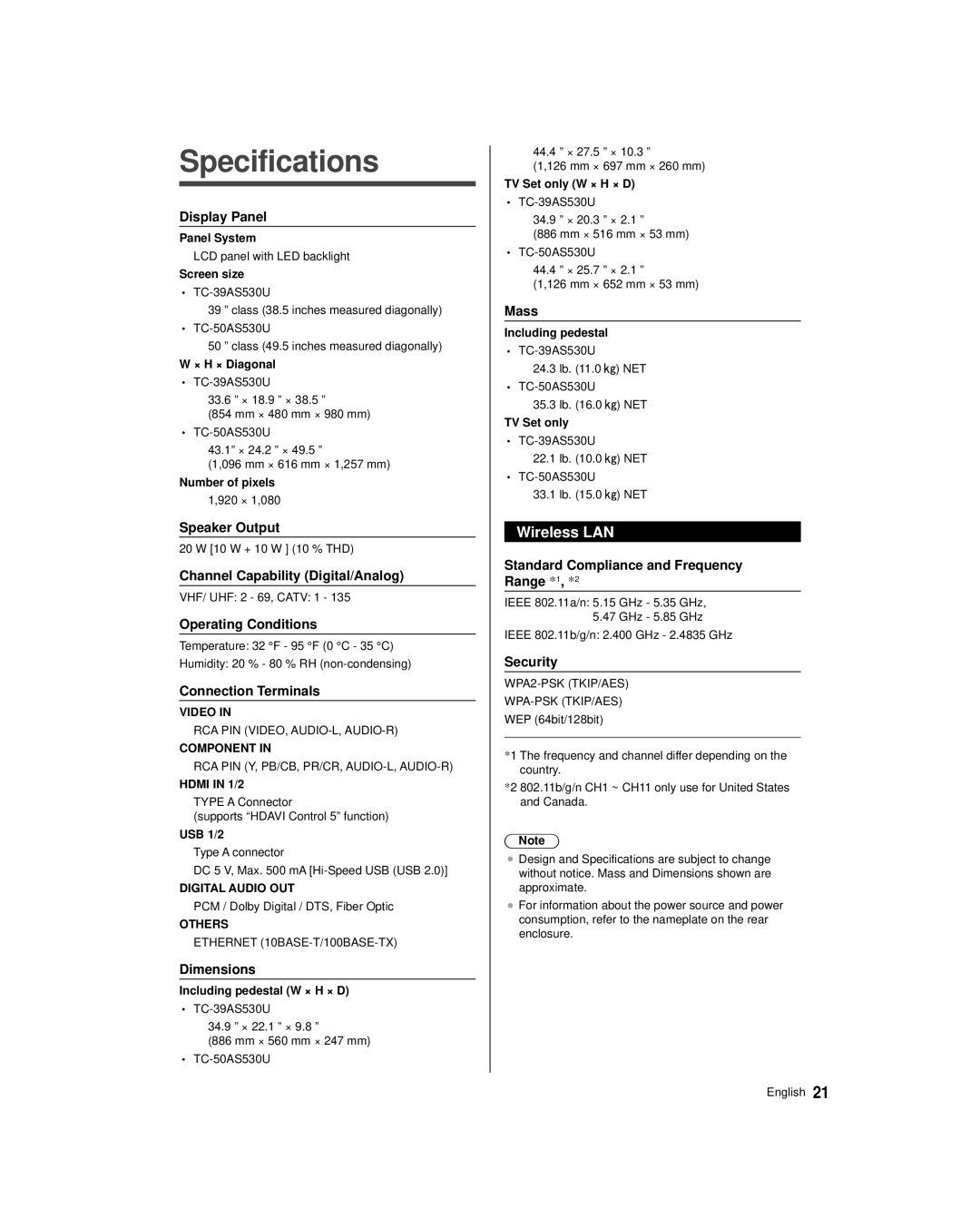 Panasonic TC-39AS530U, TC-50AS530U owner manual Specifications, Wireless LAN 