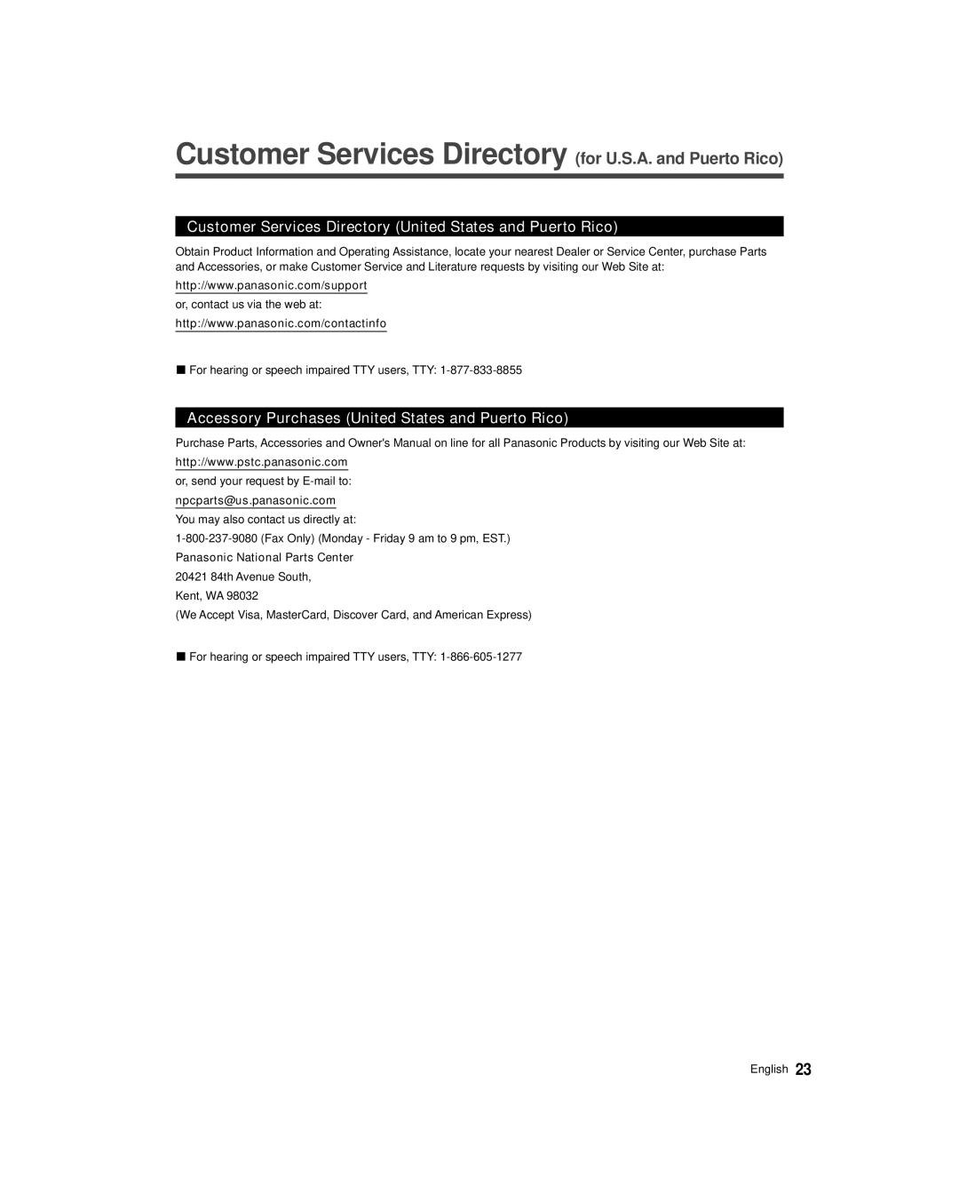 Panasonic TC-39AS530U, TC-50AS530U Customer Services Directory for U.S.A. and Puerto Rico, Npcparts@us.panasonic.com 