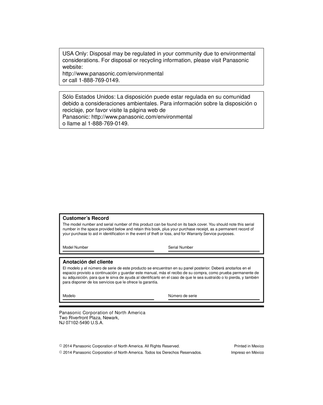 Panasonic TC-39AS530U, TC-50AS530U Customer’s Record, Anotación del cliente, Panasonic Corporation of North America 