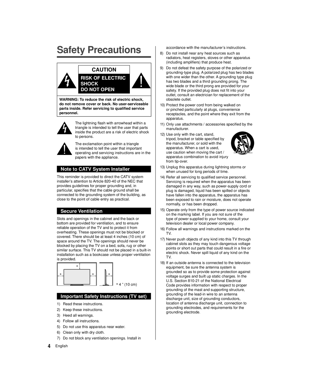 Panasonic TC-50AS530U, TC-39AS530U owner manual Safety Precautions, Secure Ventilation, Important Safety Instructions TV set 