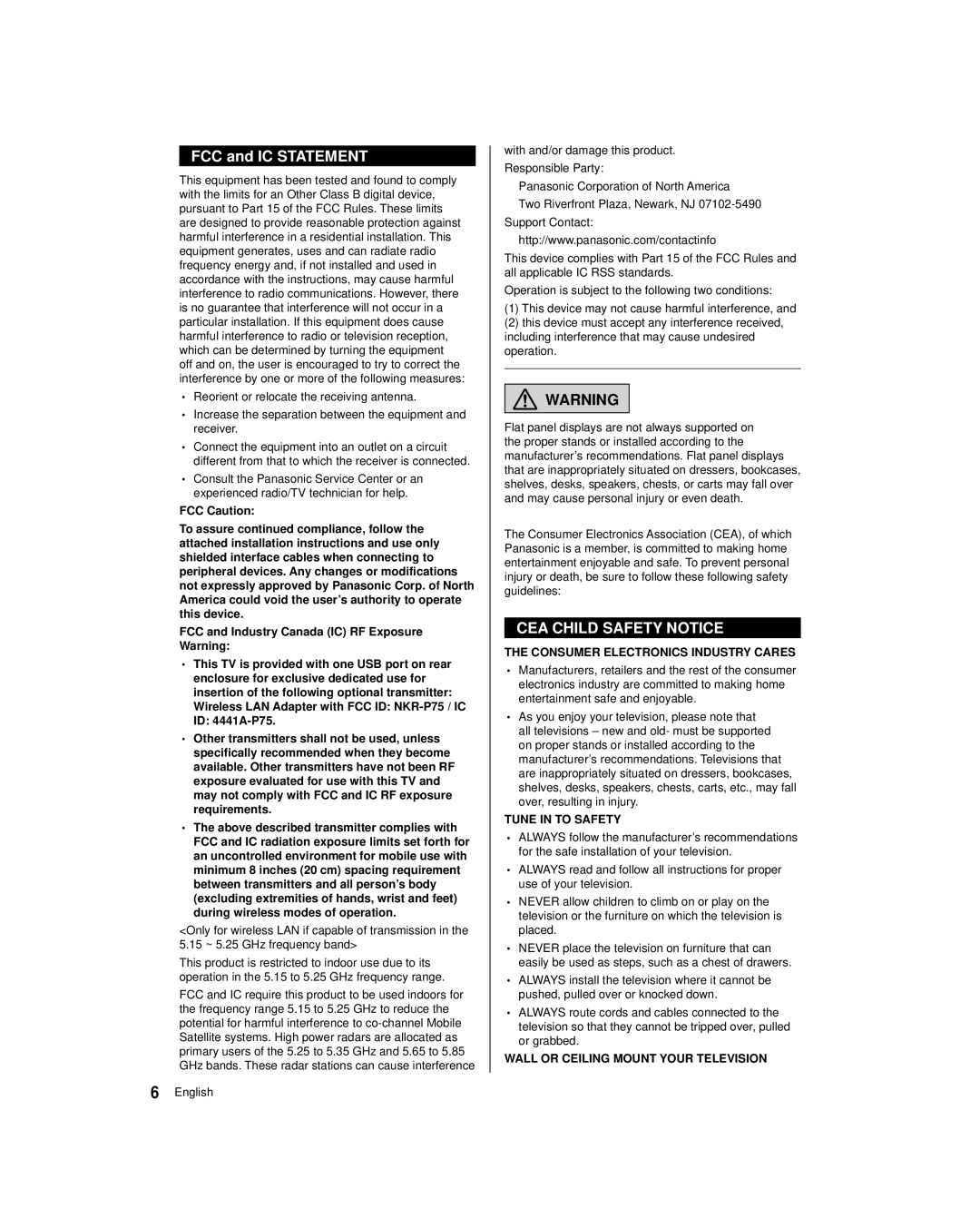 Panasonic TC-50AS530U, TC-39AS530U owner manual FCC and IC Statement, CEA Child Safety Notice 