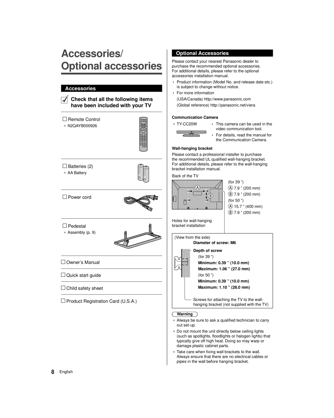 Panasonic TC-50AS530U, TC-39AS530U owner manual Optional Accessories 