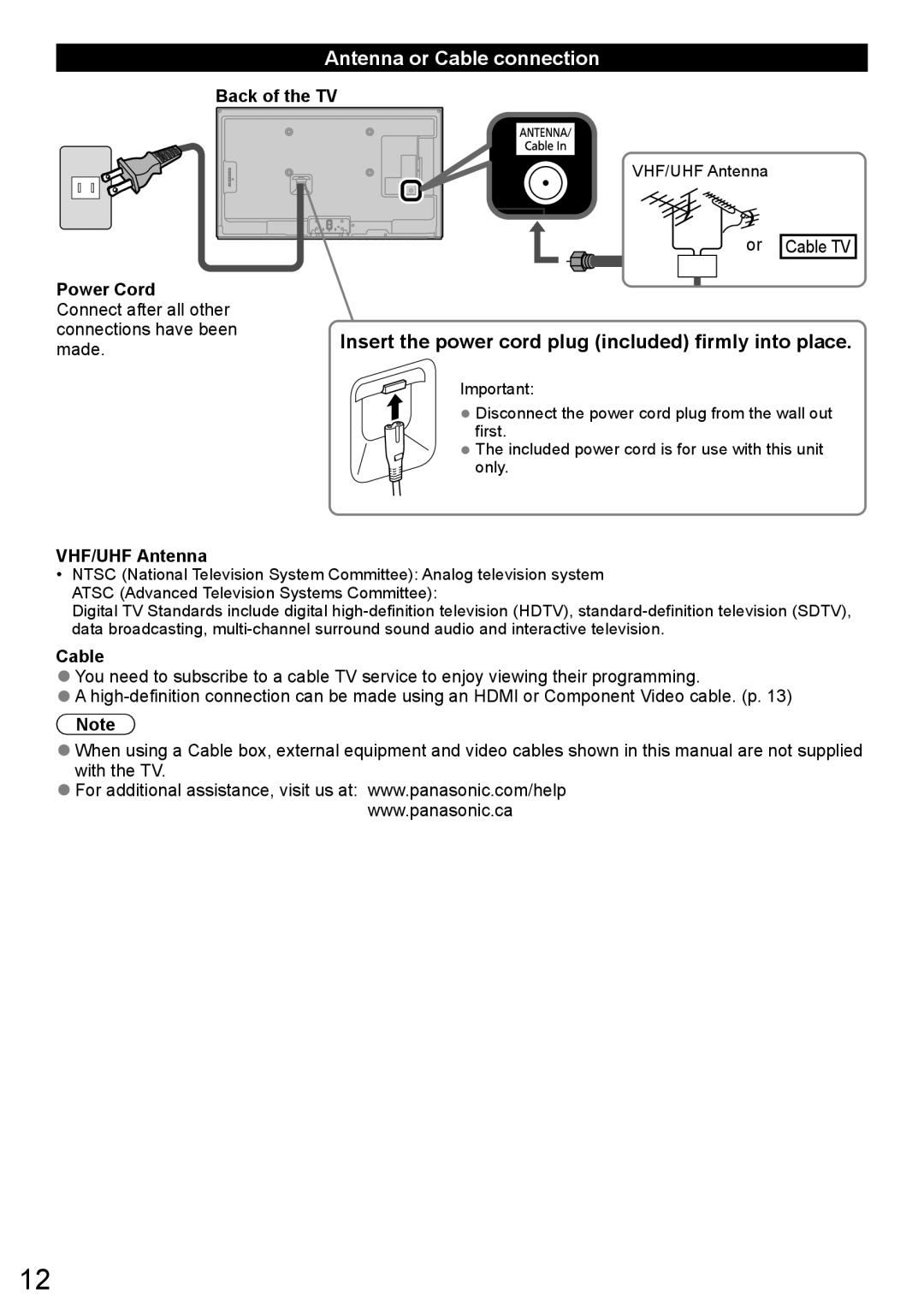 Panasonic TC-50LE64, TC-58LE64 owner manual Antenna or Cable connection, VHF/UHF Antenna 