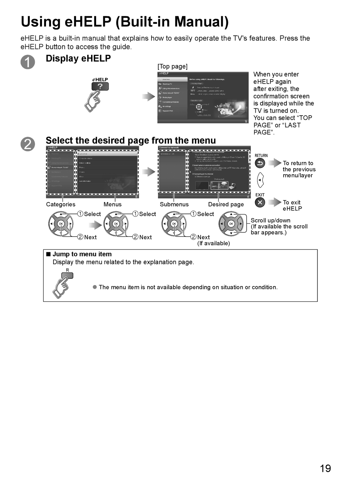 Panasonic TC-58LE64, TC-50LE64 owner manual Using eHELP Built-in Manual, Jump to menu item 