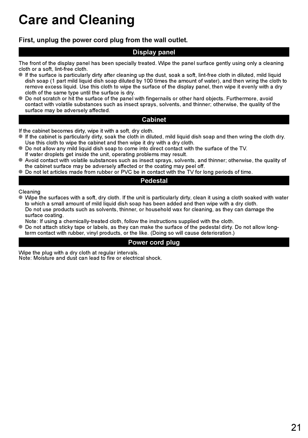 Panasonic TC-58LE64, TC-50LE64 owner manual Care and Cleaning, Display panel, Cabinet, Pedestal, Power cord plug 