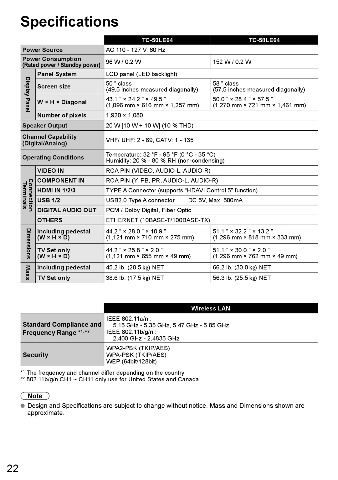 Panasonic TC-50LE64, TC-58LE64 owner manual Specifications, Standard Compliance, Frequency Range *1, *2, Security 