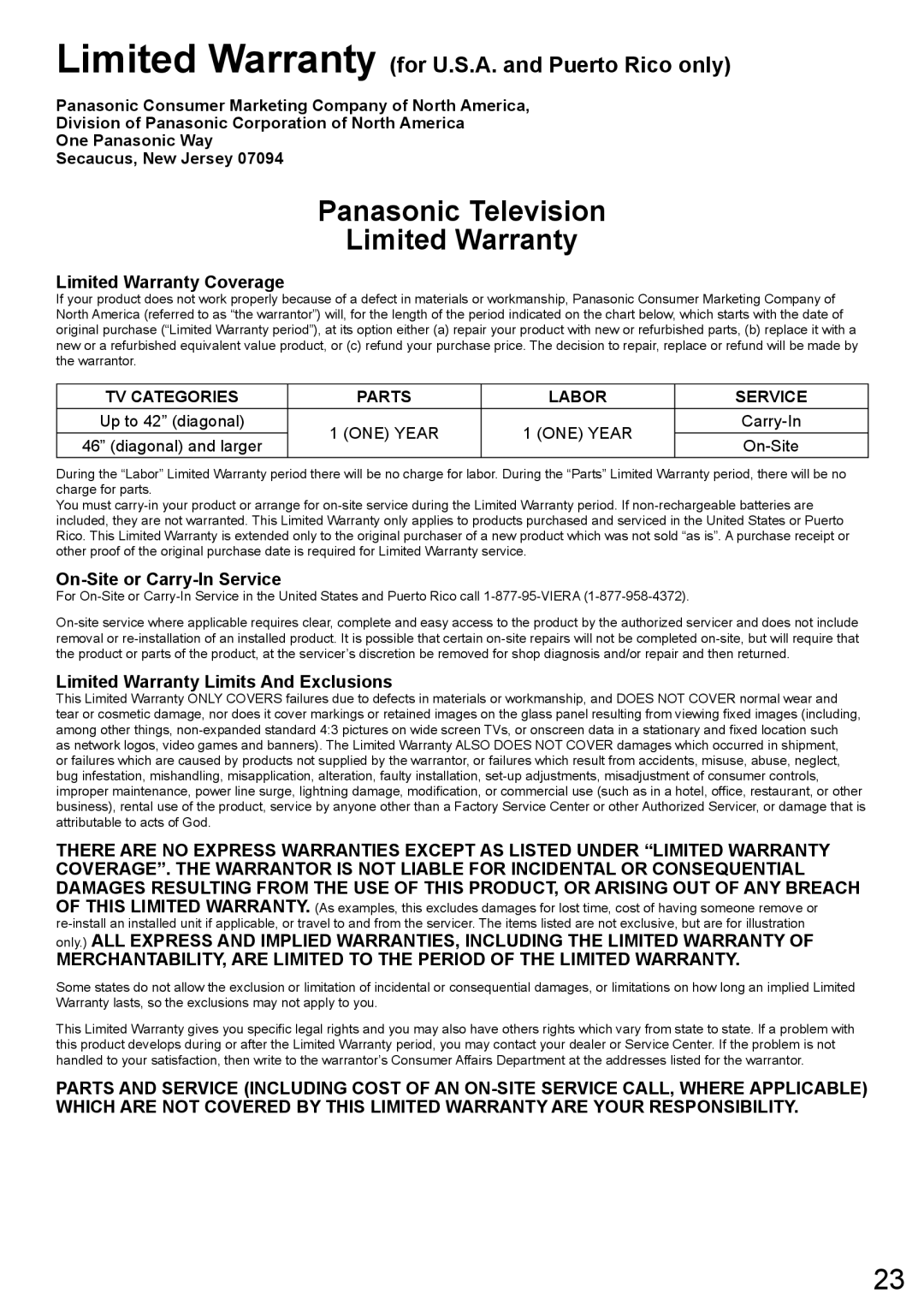 Panasonic TC-58LE64 Limited Warranty Coverage, On-Site or Carry-In Service, Limited Warranty Limits And Exclusions 